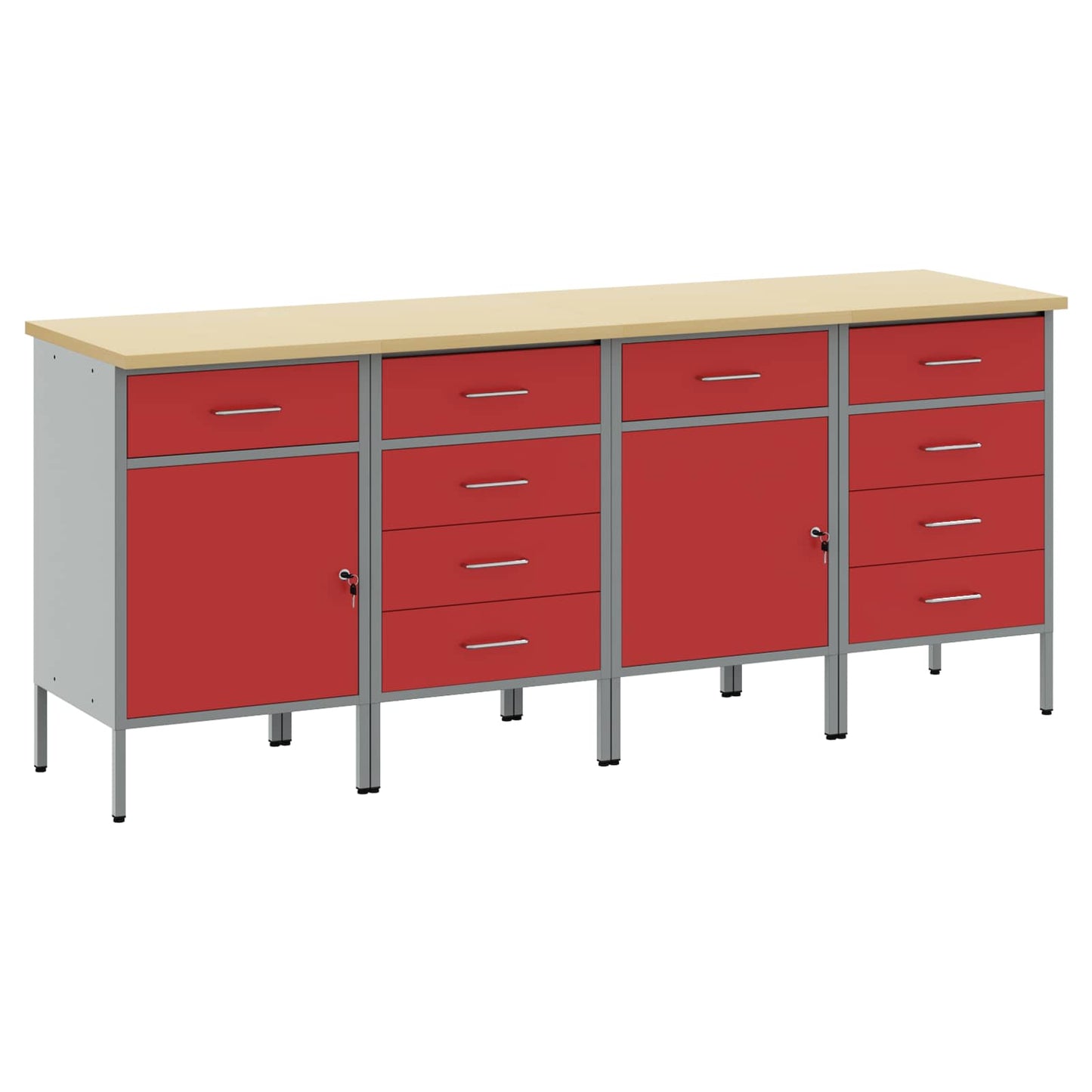 Werkbank mit Schubladen 4 Stk. Rot und Grau 200 x 55 x 85 cm