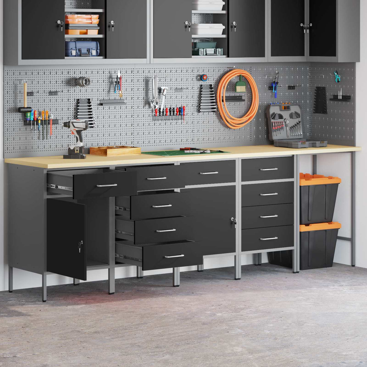 Arbeitsschrankset mit Schubladen mit Speicher 5 stk. Schwarz