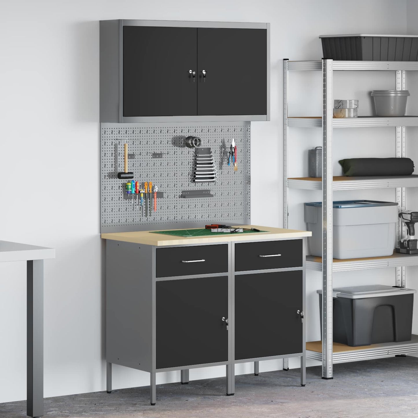 Werkbank mit Speicher 5 stk. Schwarz Ingenieure Holz und Stahl