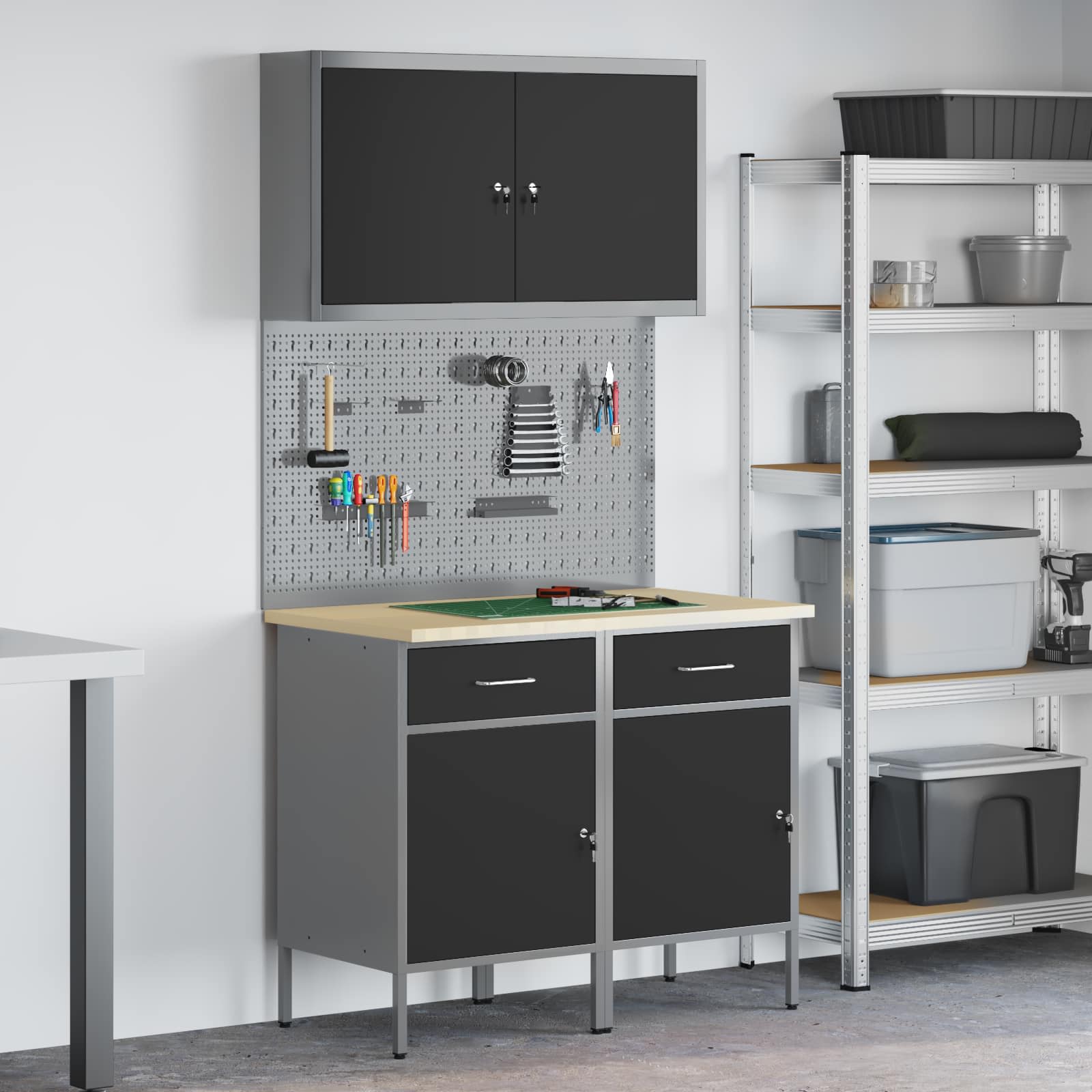 Werkbank mit Speicher 5 stk. Schwarz Ingenieure Holz und Stahl
