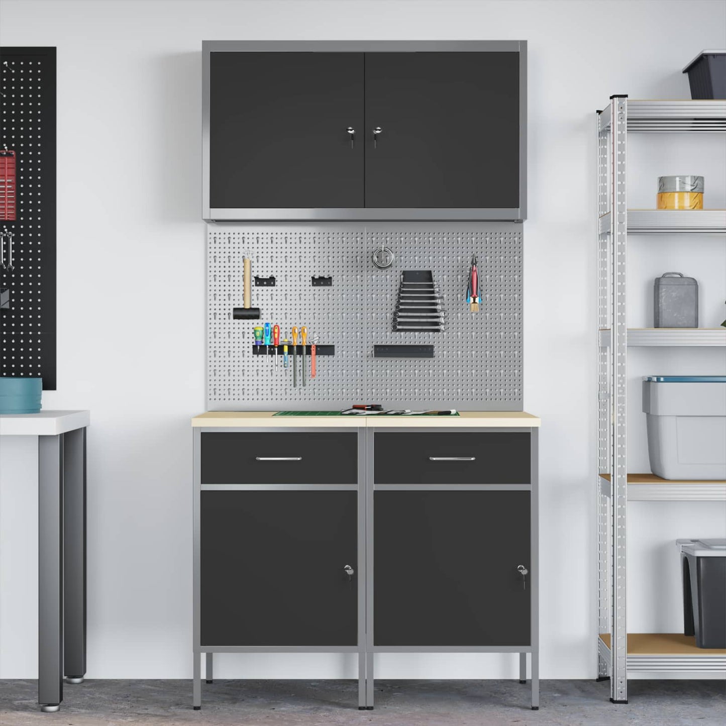 Werkbank mit Speicher 5 stk. Schwarz Ingenieure Holz und Stahl