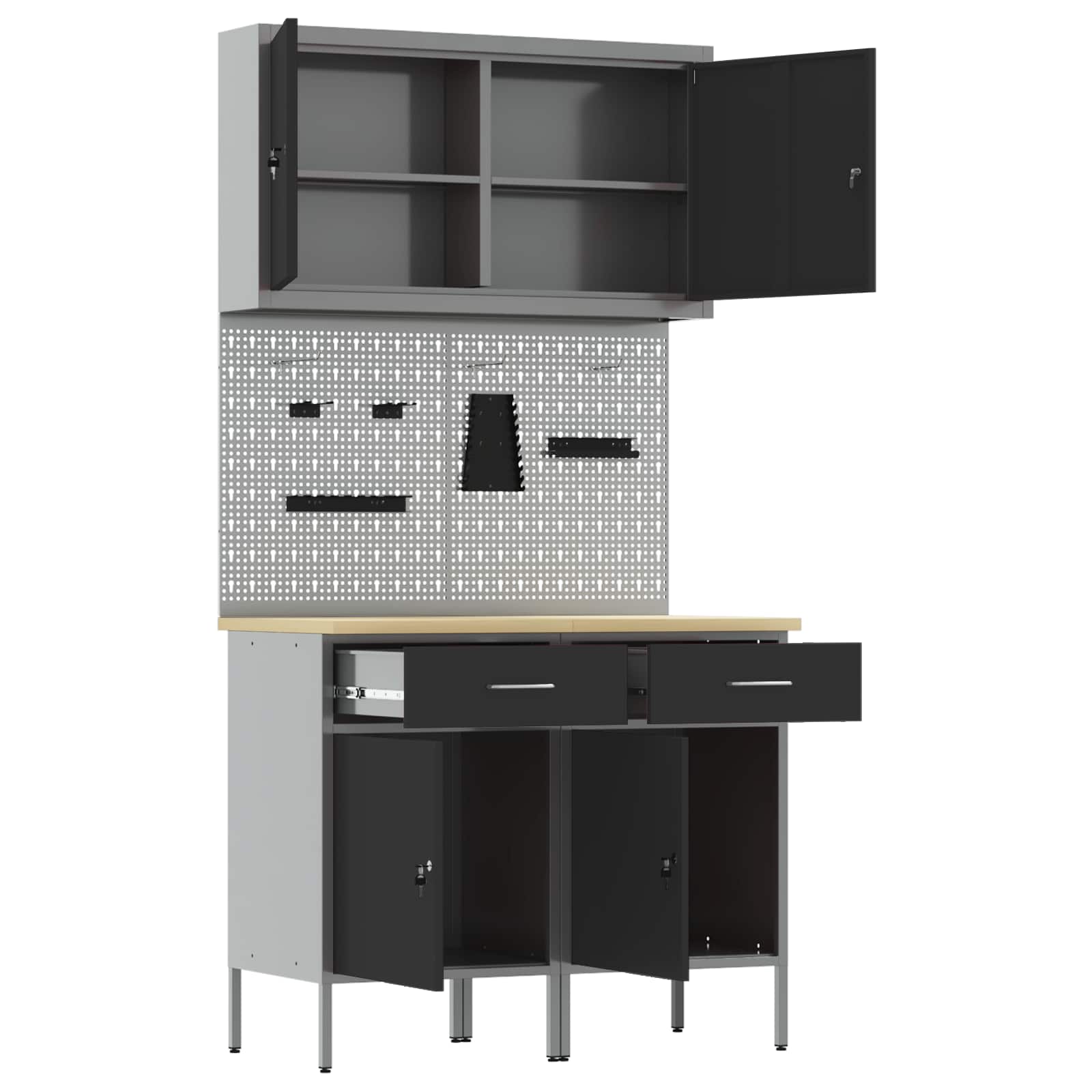 Werkbank mit Speicher 5 stk. Schwarz Ingenieure Holz und Stahl