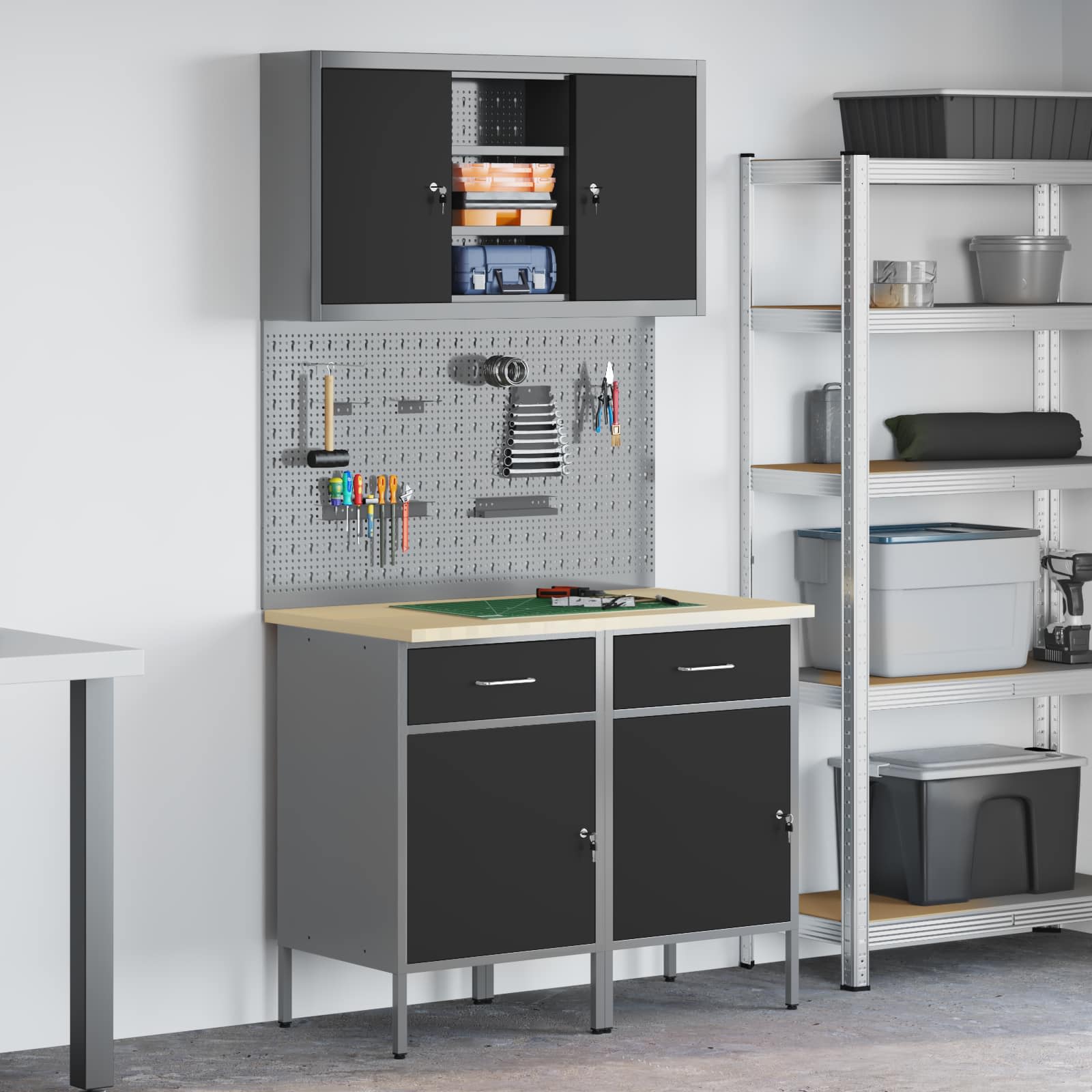 Arbeitsschrankset mit Schubladen 6 stk. Schwarz und Grau