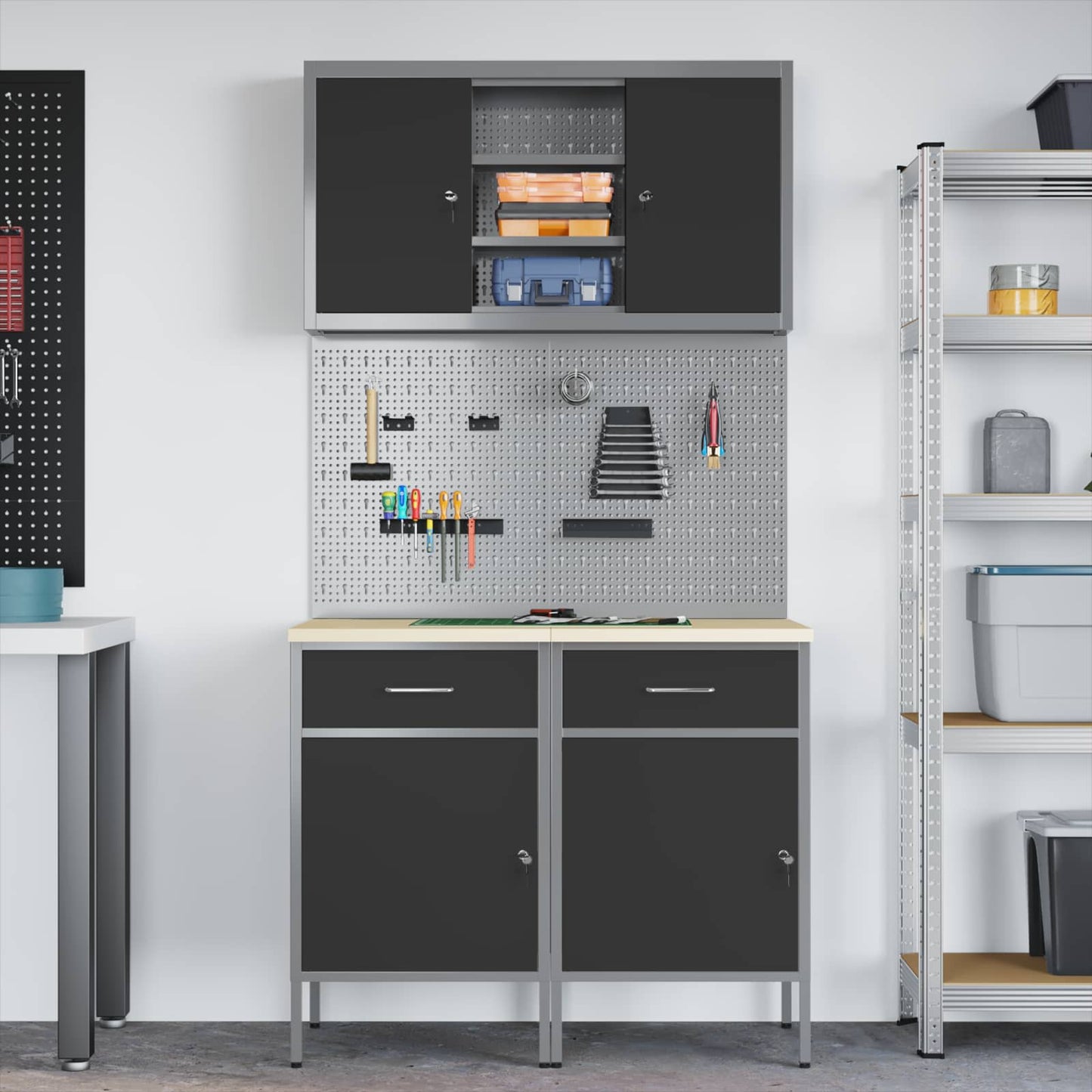 Arbeitsschrankset mit Schubladen 6 stk. Schwarz und Grau