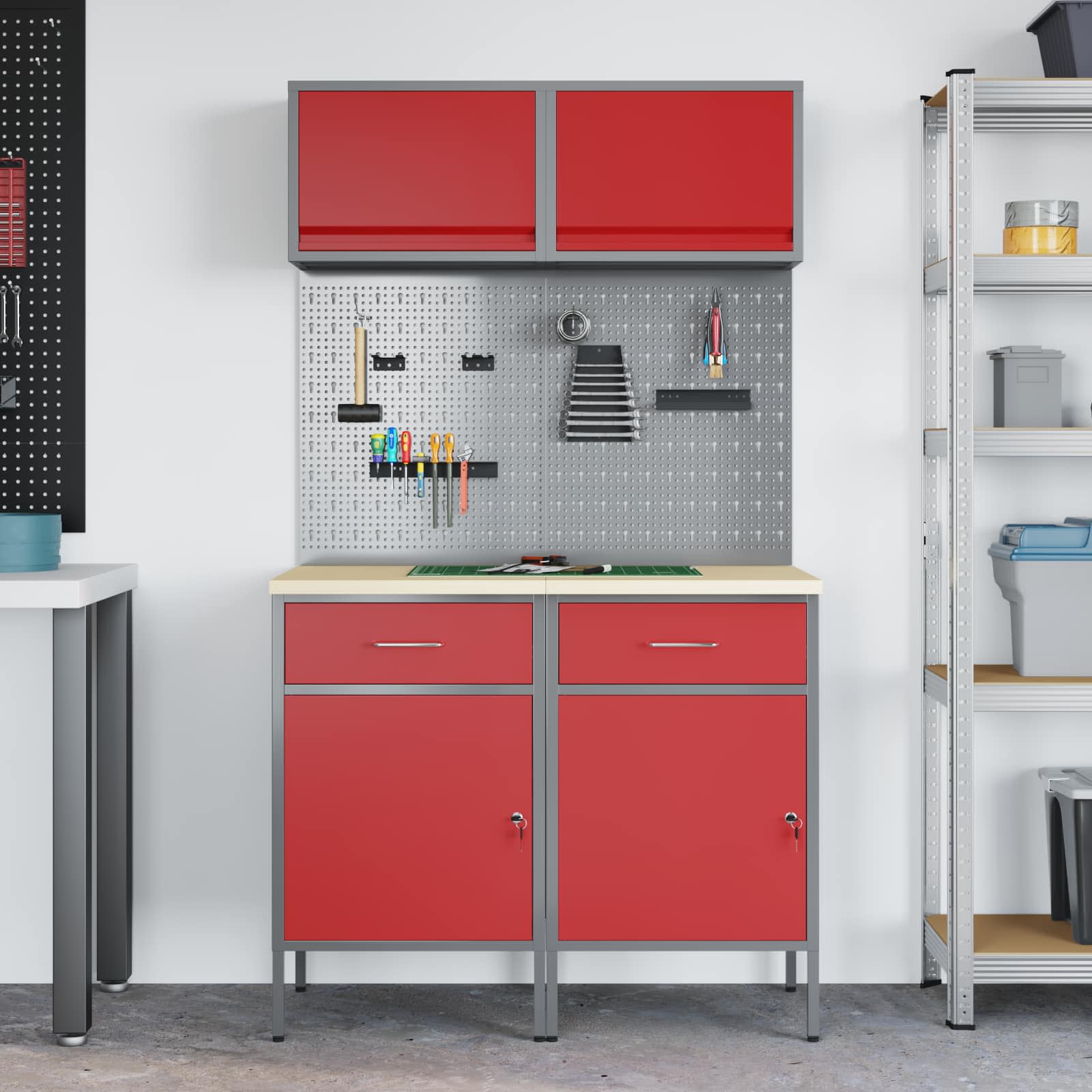Arbeitsschrankset mit Schubladen mit Regal 6 stk. Rot