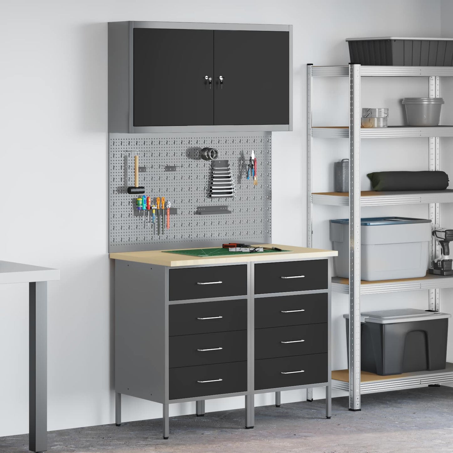 Werkbank mit Speicher 5 stk. Schwarz Ingenieure Holz und Stahl