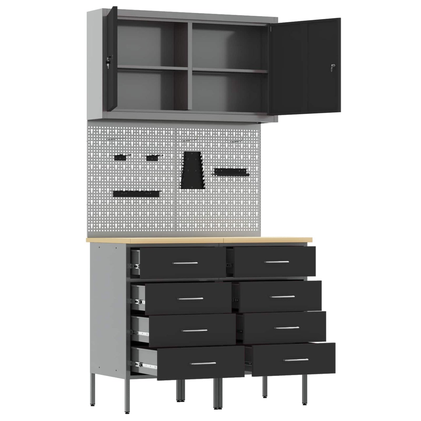 Werkbank mit Speicher 5 stk. Schwarz Ingenieure Holz und Stahl