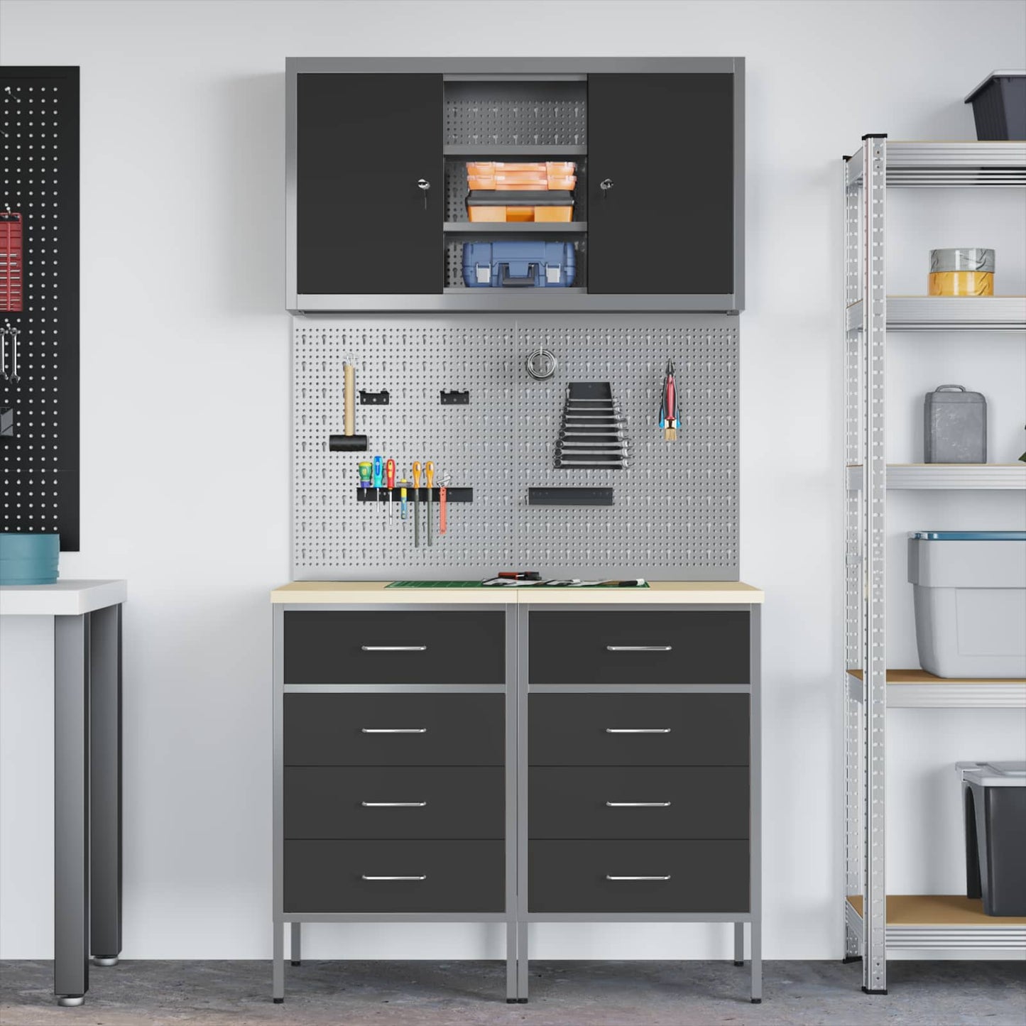 Arbeitsschrankset mit Schubladen mit Regal 5 stk. Schwarz