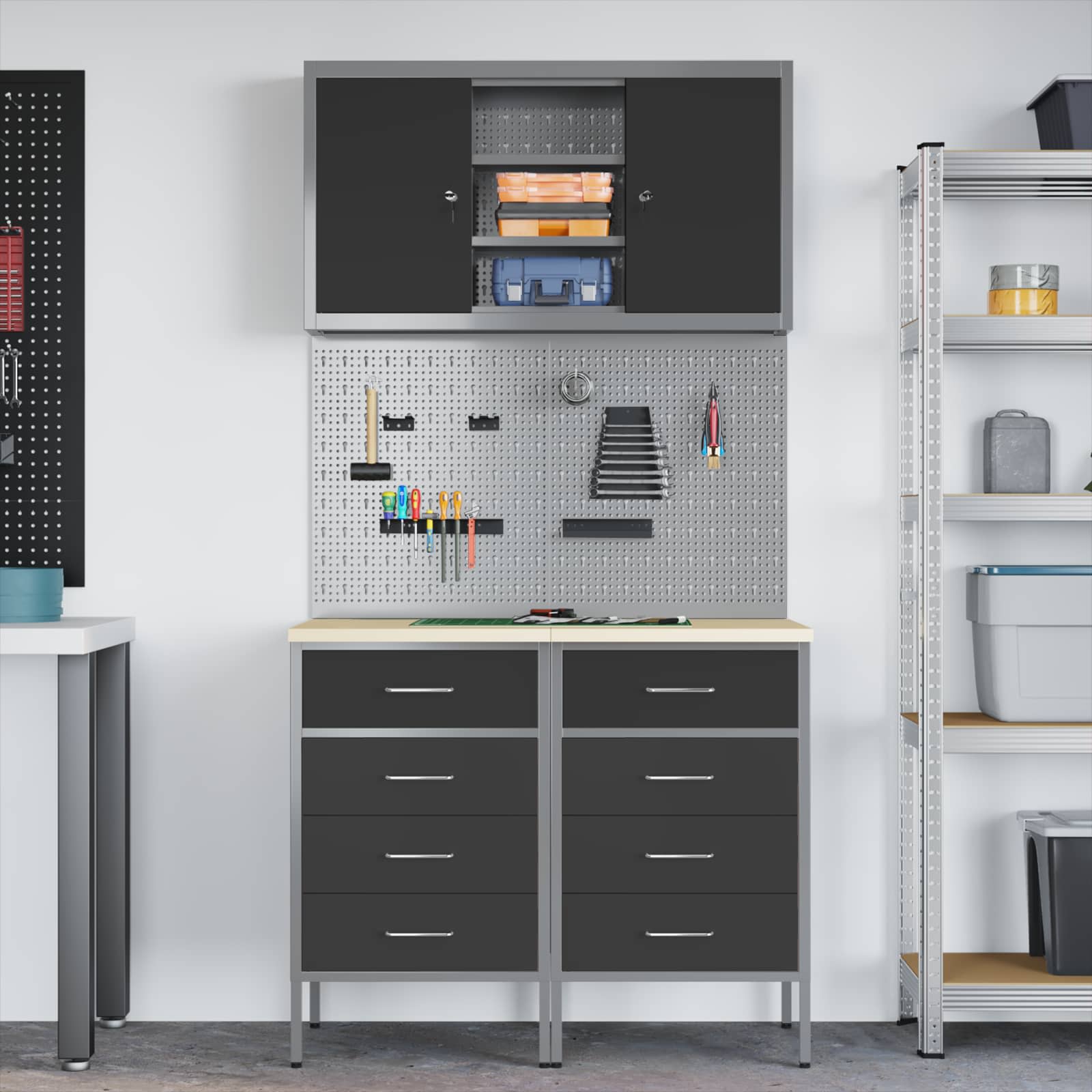 Arbeitsschrankset mit Schubladen mit Regal 5 stk. Schwarz