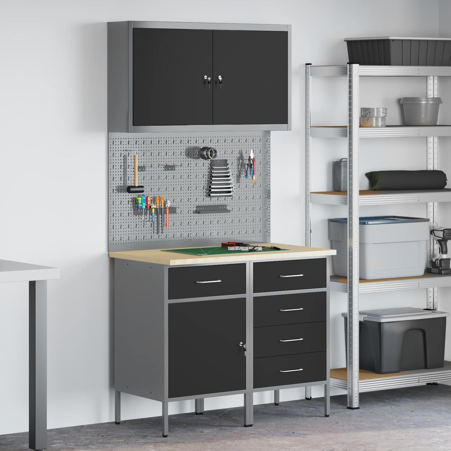 Werkbank mit Speicher 5 stk. Schwarz Ingenieure Holz und Stahl