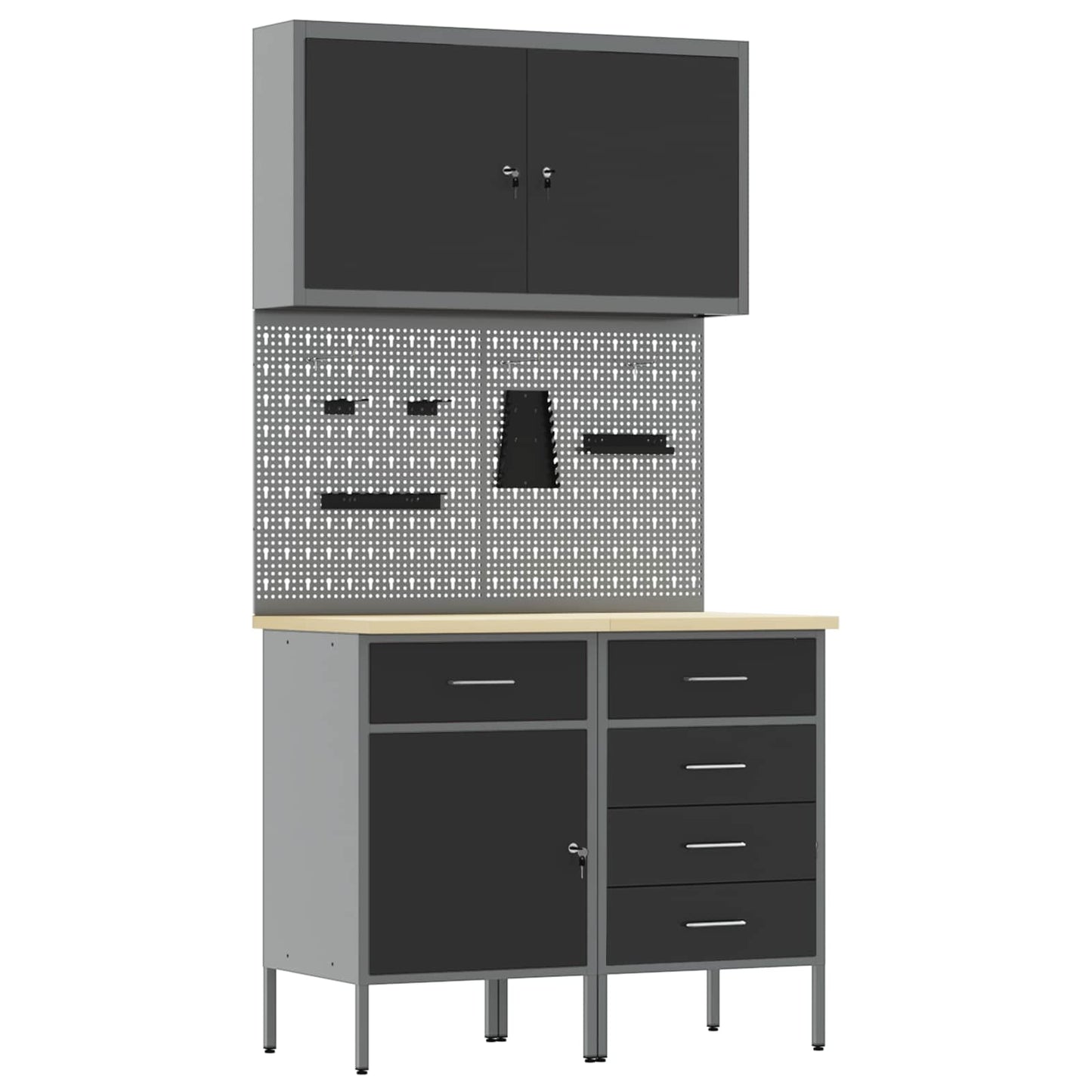 Werkbank mit Speicher 5 stk. Schwarz Ingenieure Holz und Stahl
