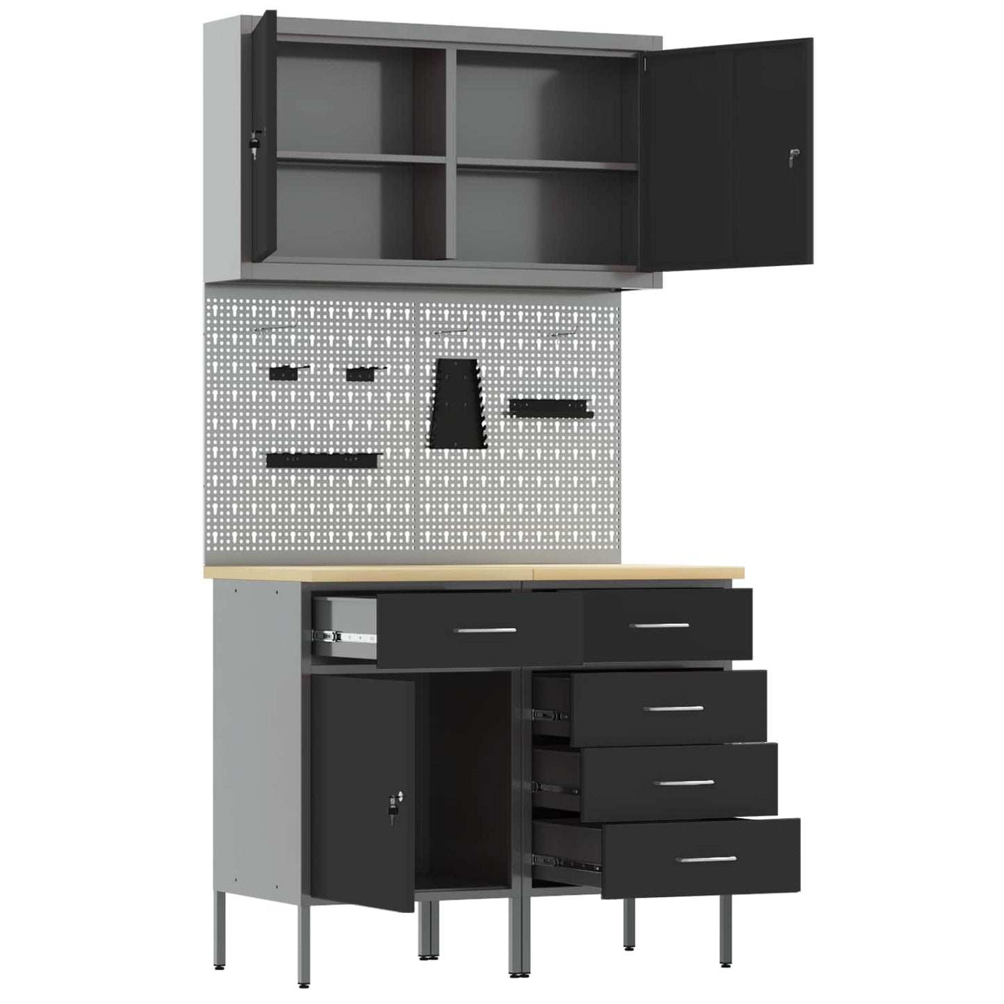 Werkbank mit Speicher 5 stk. Schwarz Ingenieure Holz und Stahl
