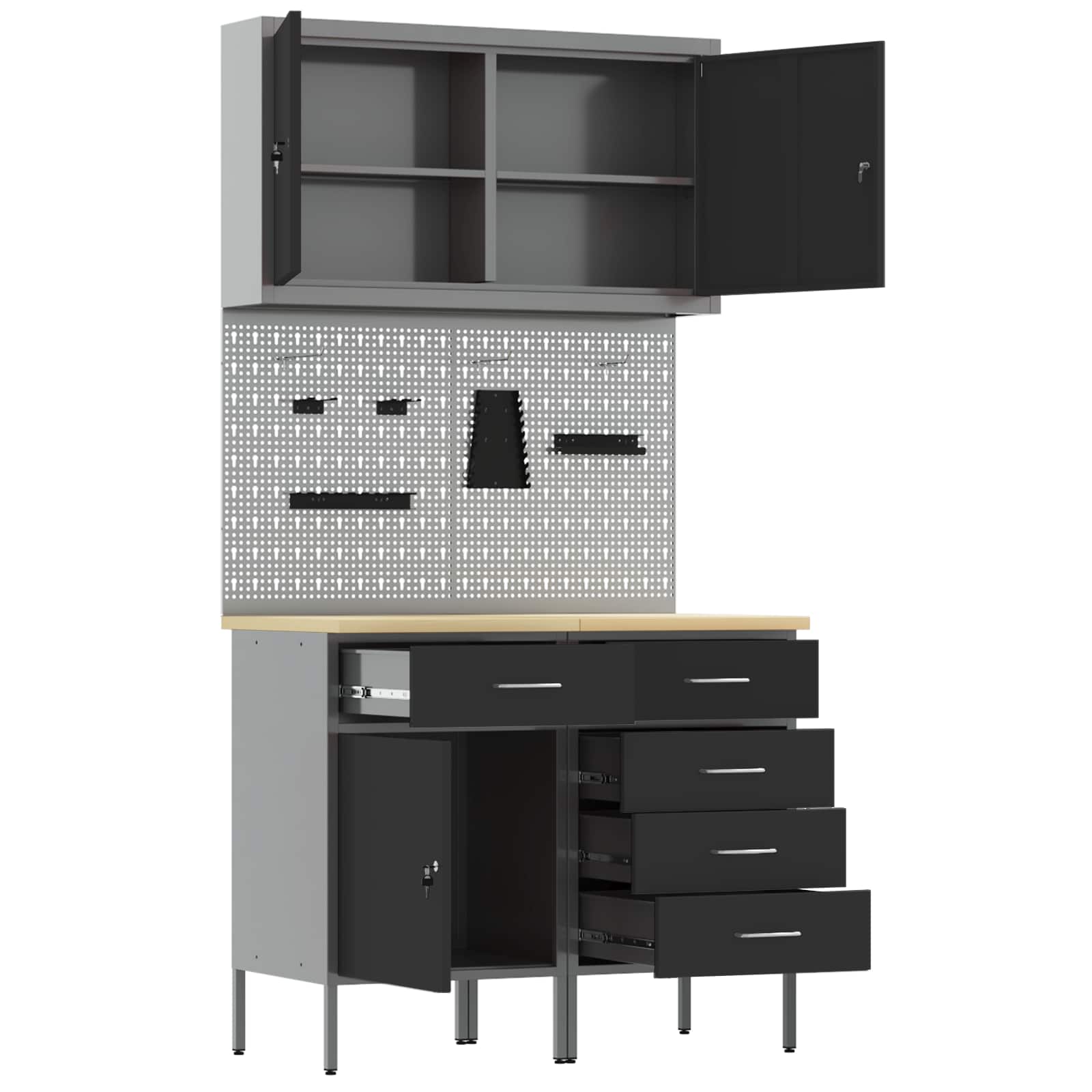 Werkbank mit Speicher 5 stk. Schwarz Ingenieure Holz und Stahl