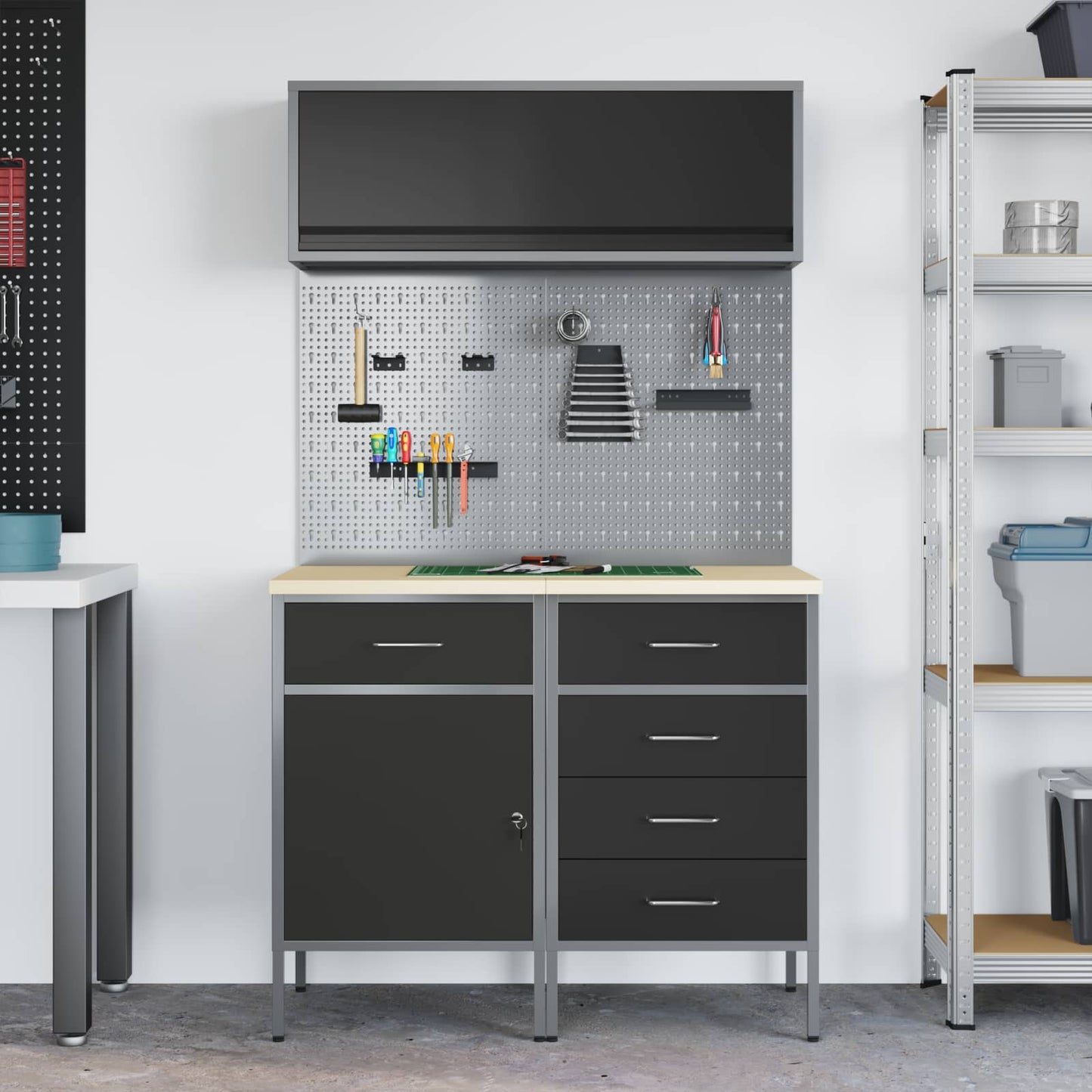 Arbeitsschrankset mit Schubladen mit Regal 5 stk. Schwarz