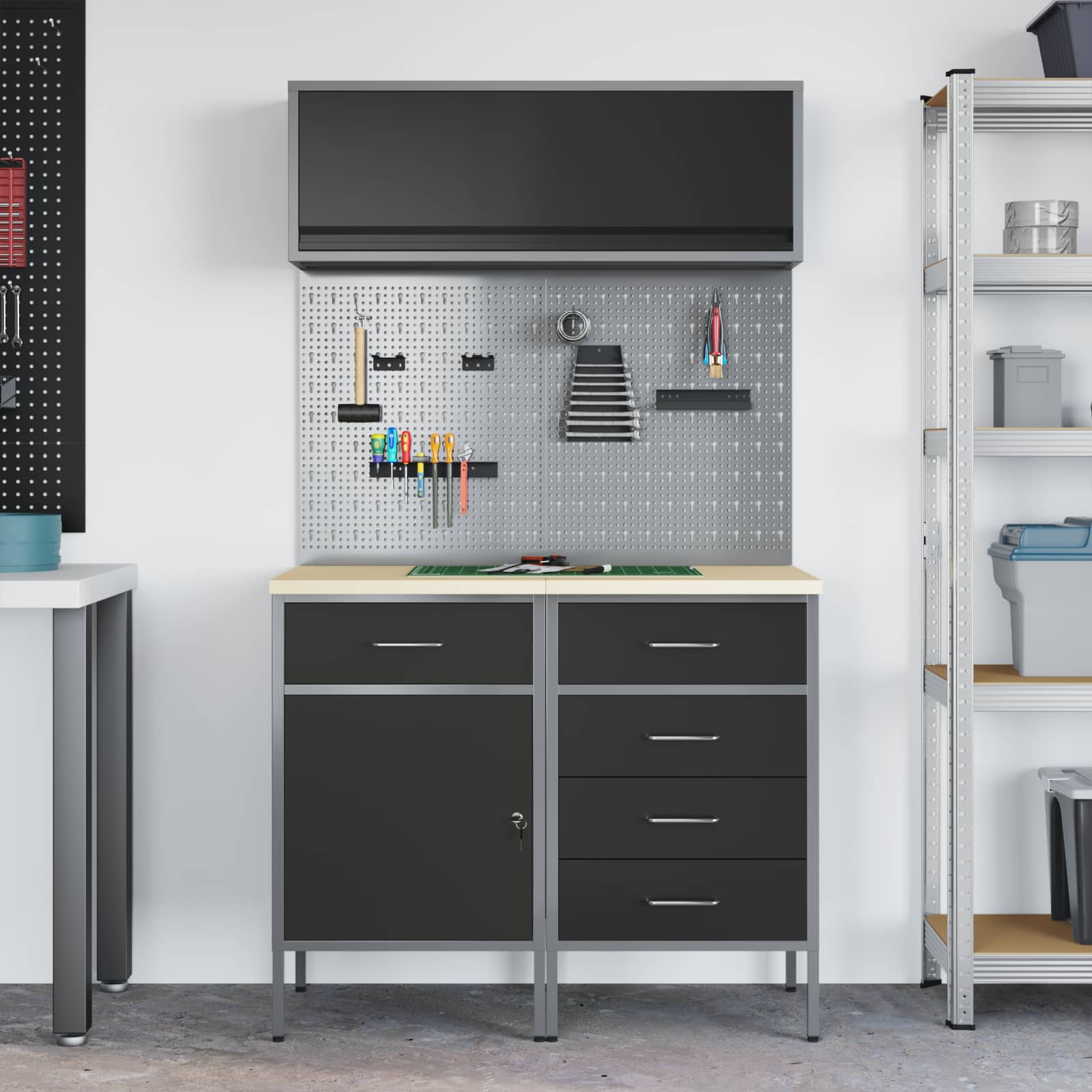 Arbeitsschrankset mit Schubladen mit Regal 5 stk. Schwarz