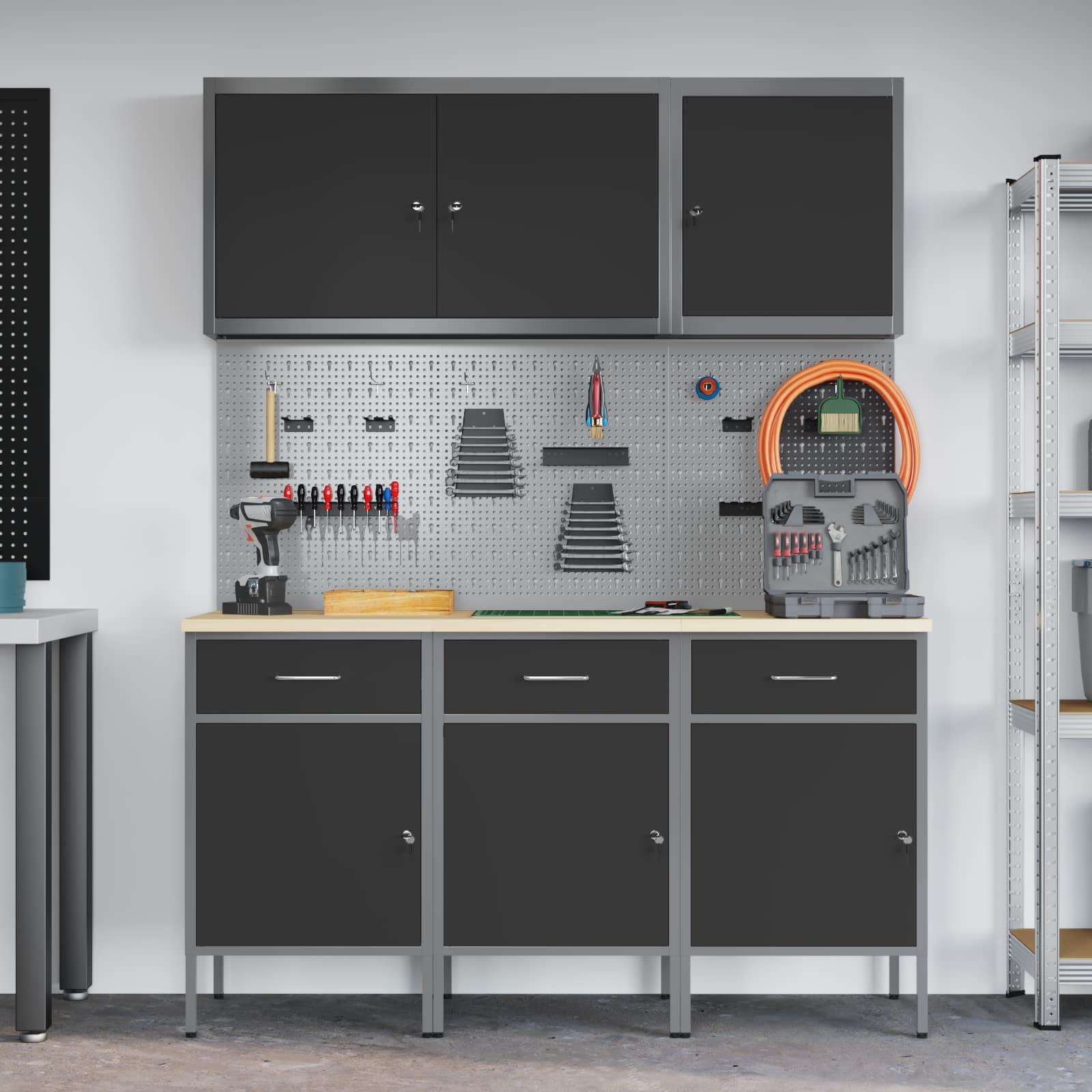 Werkbank mit Speicher 8 stk. Schwarz Ingenieure Holz und Stahl