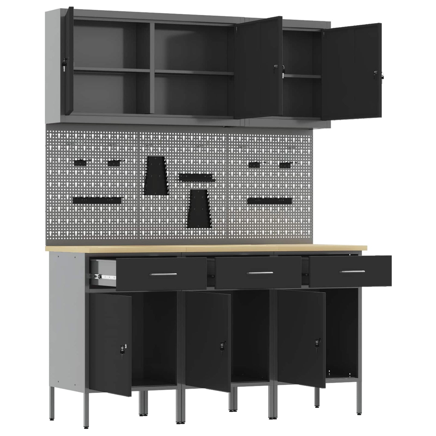 Werkbank mit Speicher 8 stk. Schwarz Ingenieure Holz und Stahl