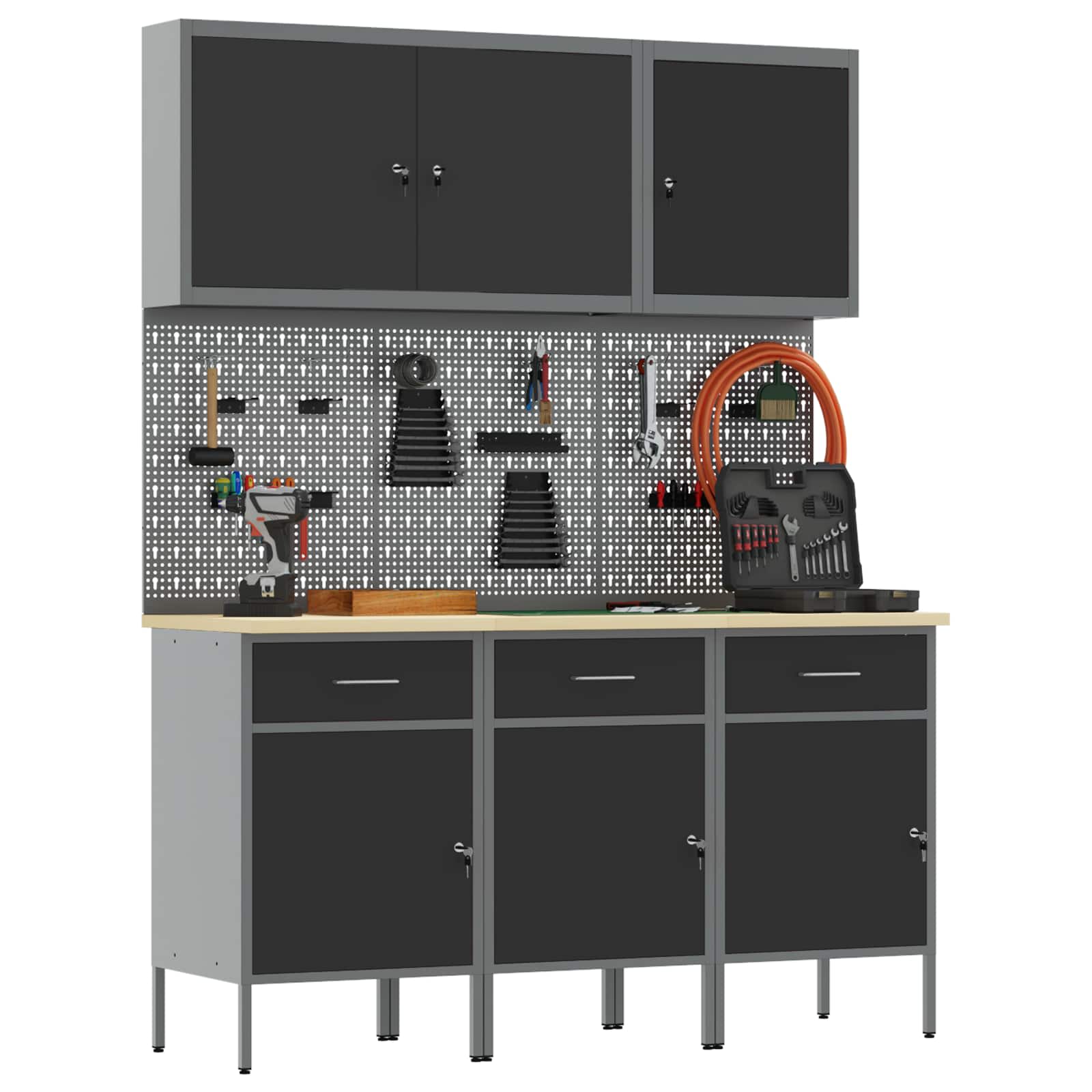 Werkbank mit Speicher 8 stk. Schwarz Ingenieure Holz und Stahl