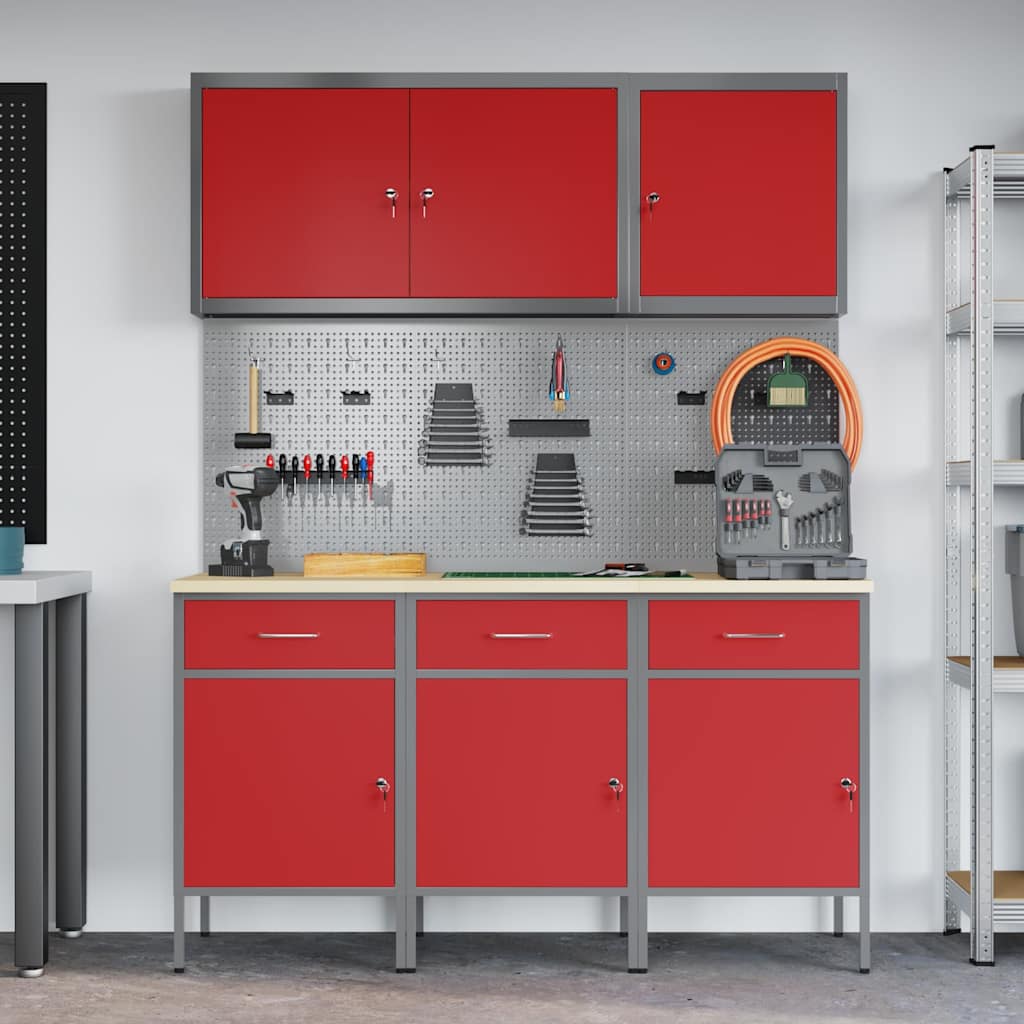 Werkbank 8 Stk. Rot und Grau Ingenieure Holz und Stahl