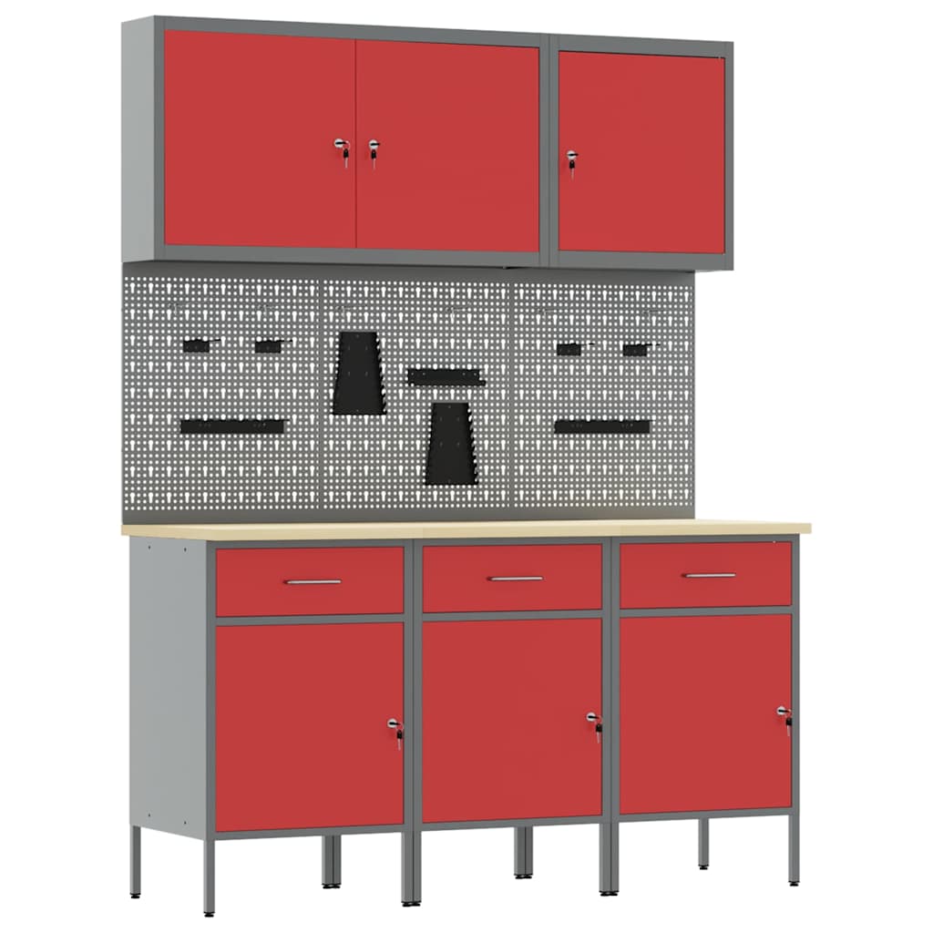 Werkbank 8 Stk. Rot und Grau Ingenieure Holz und Stahl