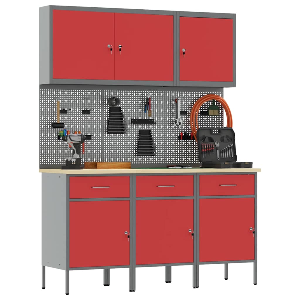 Werkbank 8 Stk. Rot und Grau Ingenieure Holz und Stahl