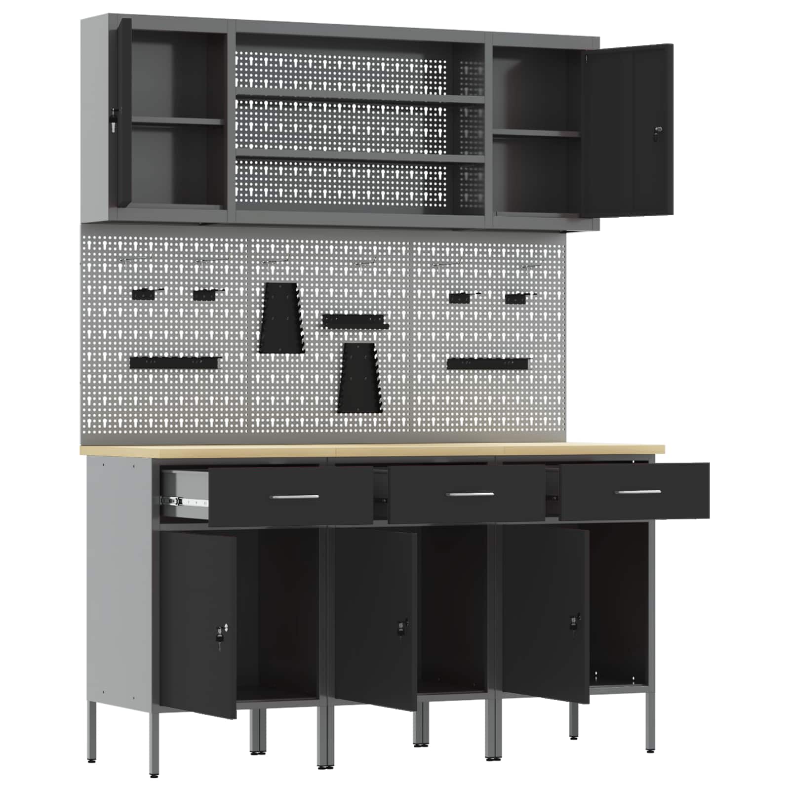 Werkbank 7 Stk. Schwarz und Grau Ingenieure Holz und Stahl