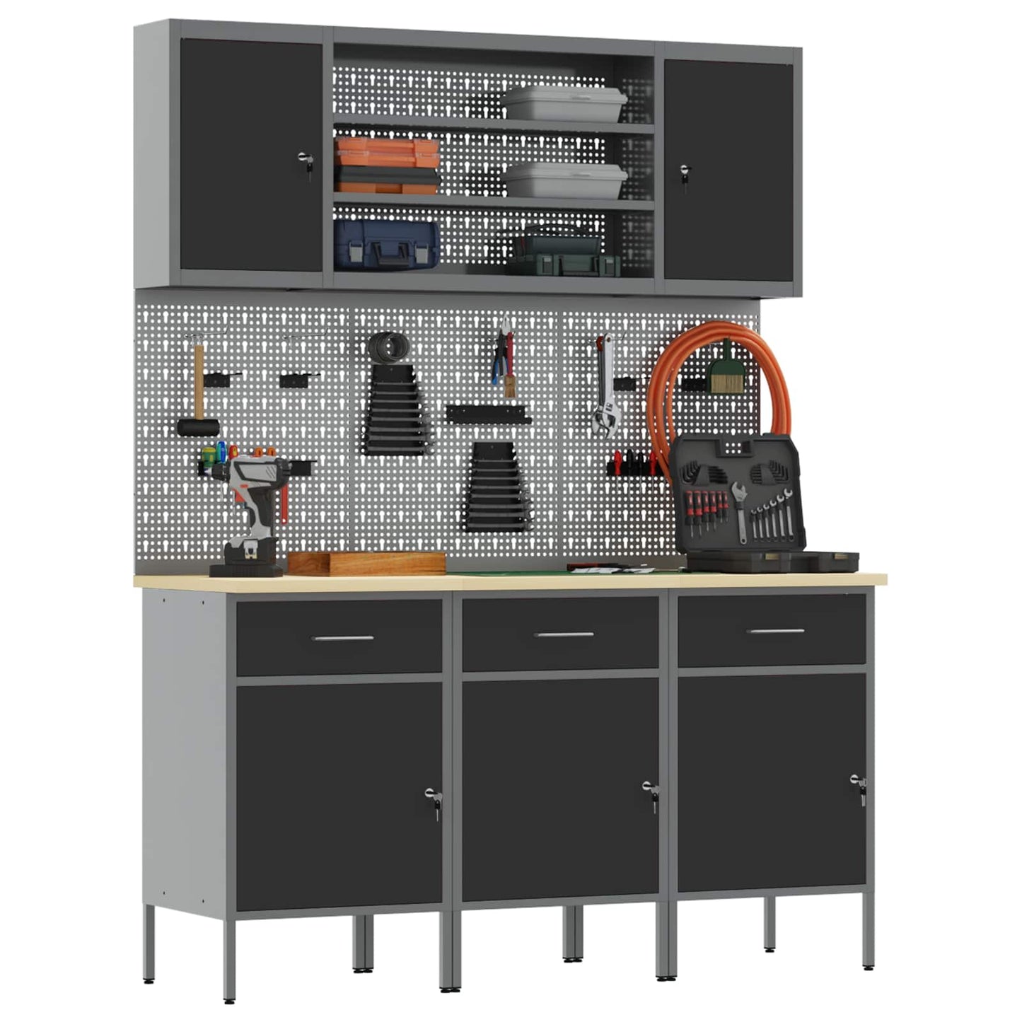 Werkbank 7 Stk. Schwarz und Grau Ingenieure Holz und Stahl