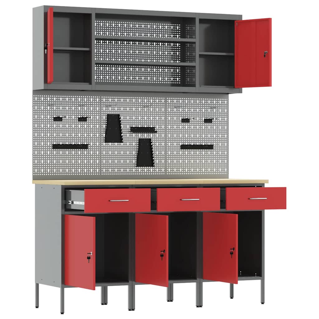 Werkbank mit Schubladen 7 stk. Rot Ingenieure Holz und Stahl
