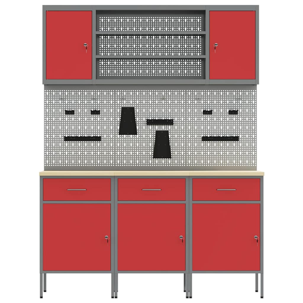 Werkbank mit Schubladen 7 stk. Rot Ingenieure Holz und Stahl