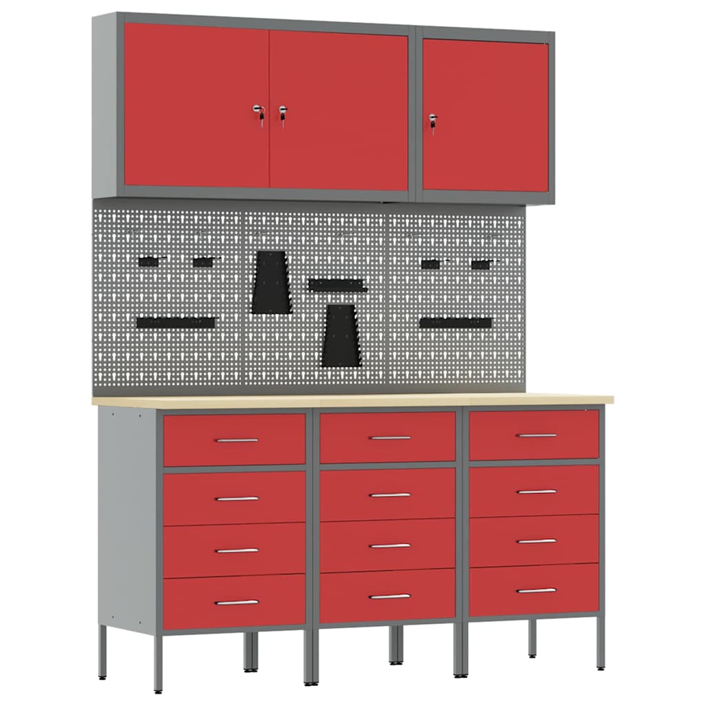 Werkbank 8 Stk. Rot und Grau Ingenieure Holz und Stahl