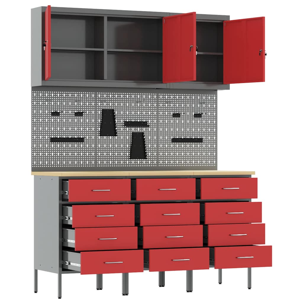 Werkbank 8 Stk. Rot und Grau Ingenieure Holz und Stahl