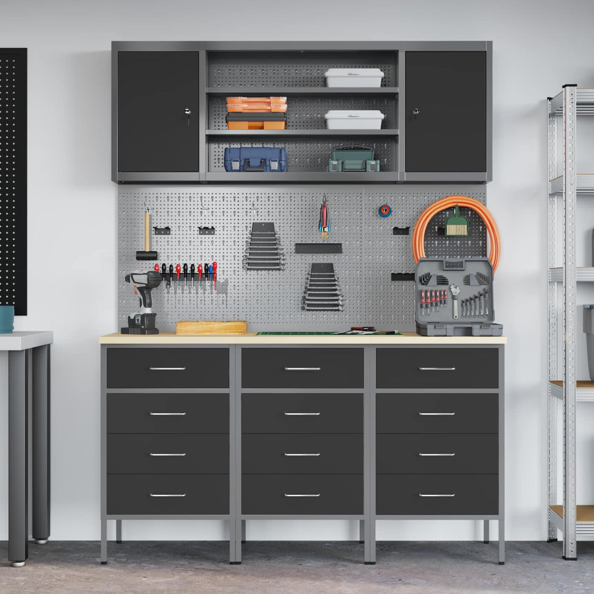 Werkbank 7 Stk. Schwarz und Grau Ingenieure Holz und Stahl