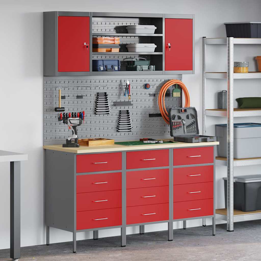 Werkbank mit Schubladen 7 stk. Rot Ingenieure Holz und Stahl