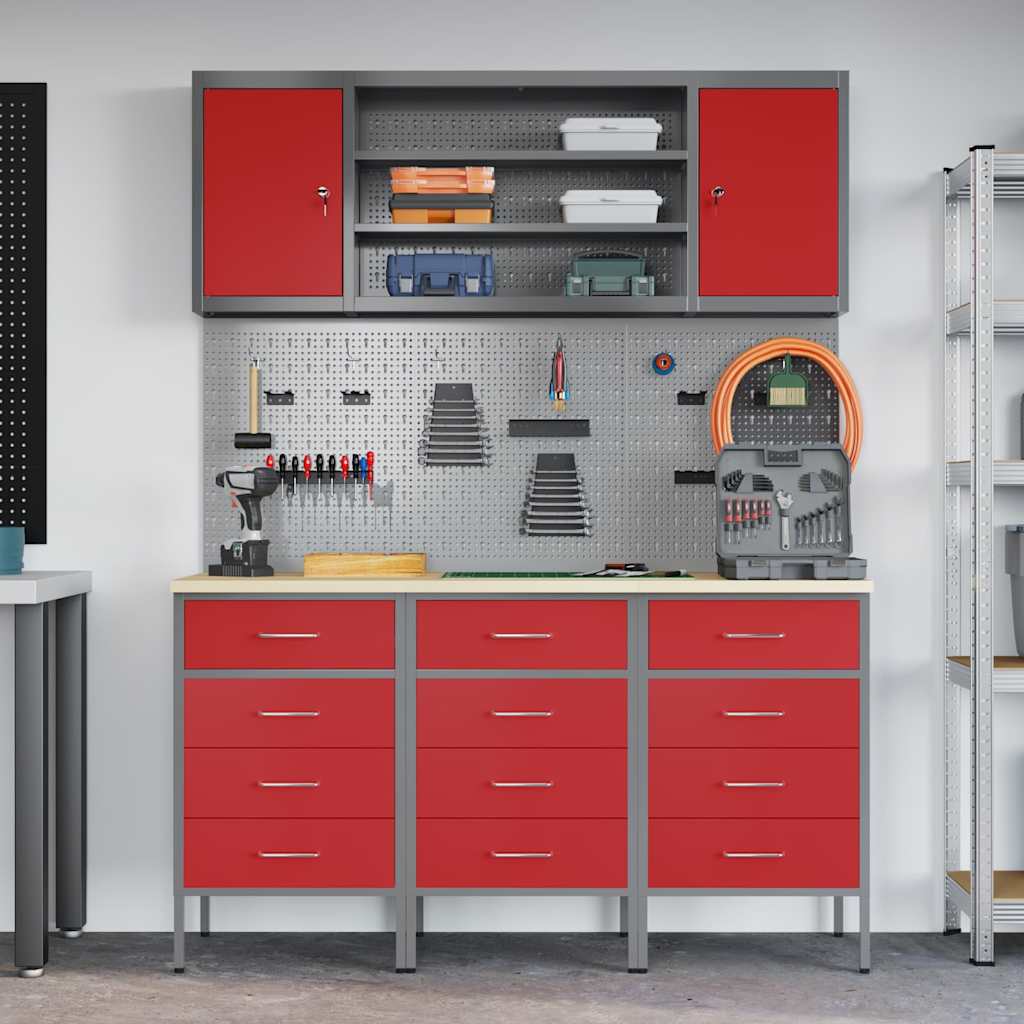 Werkbank mit Schubladen 7 stk. Rot Ingenieure Holz und Stahl