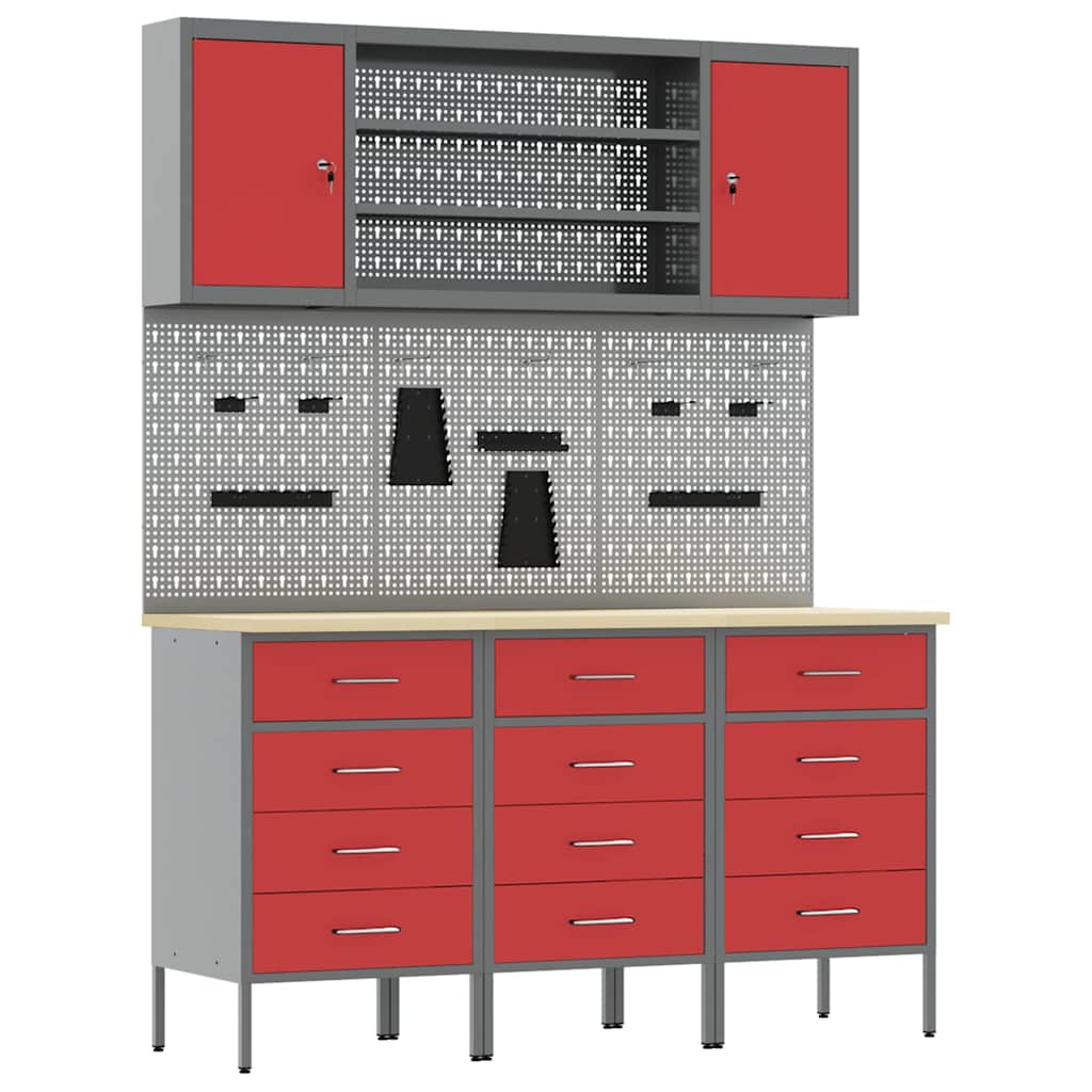Werkbank mit Schubladen 7 stk. Rot Ingenieure Holz und Stahl