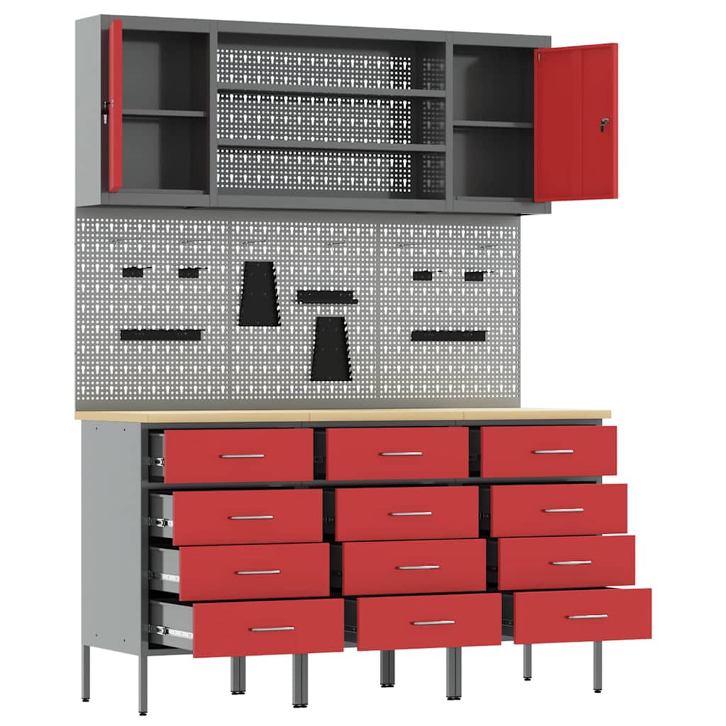 Werkbank mit Schubladen 7 stk. Rot Ingenieure Holz und Stahl
