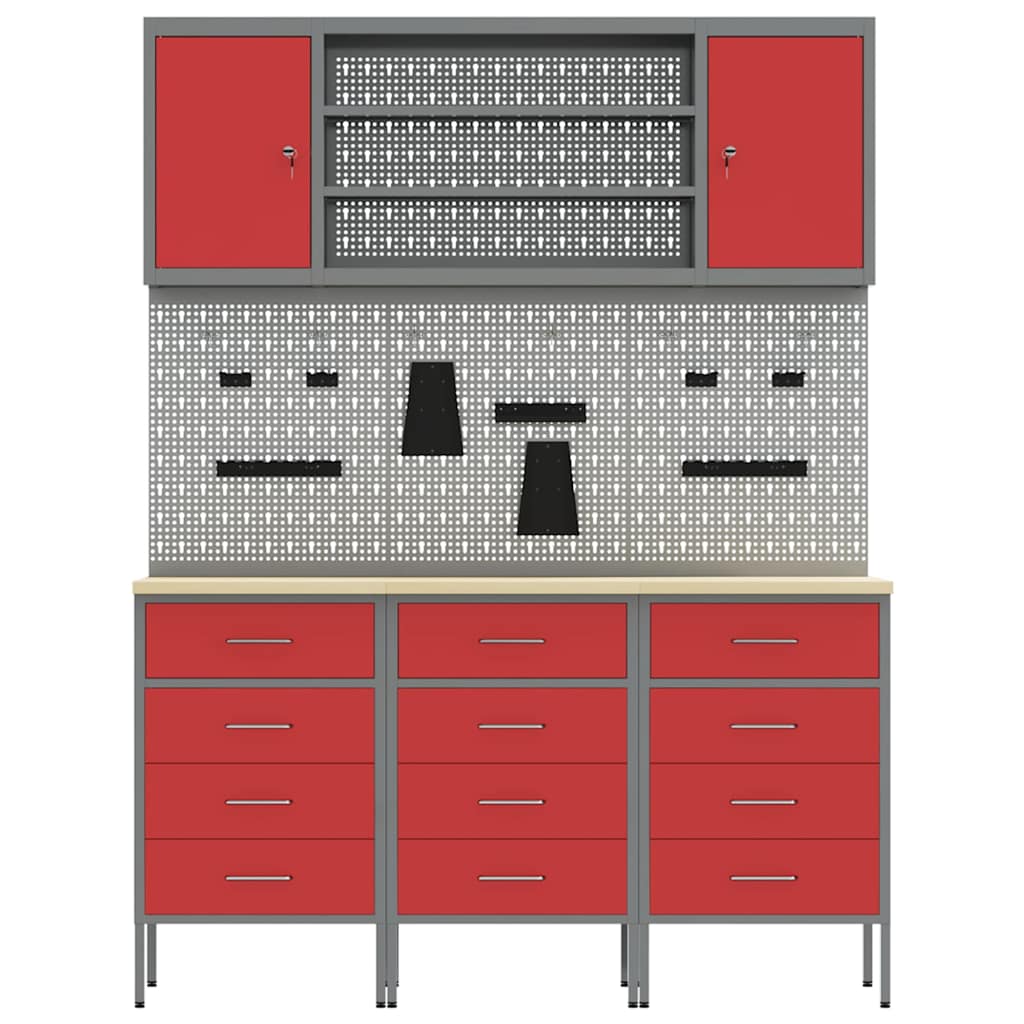 Werkbank mit Schubladen 7 stk. Rot Ingenieure Holz und Stahl