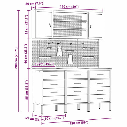 Werkbank mit Schubladen 7 stk. Rot Ingenieure Holz und Stahl