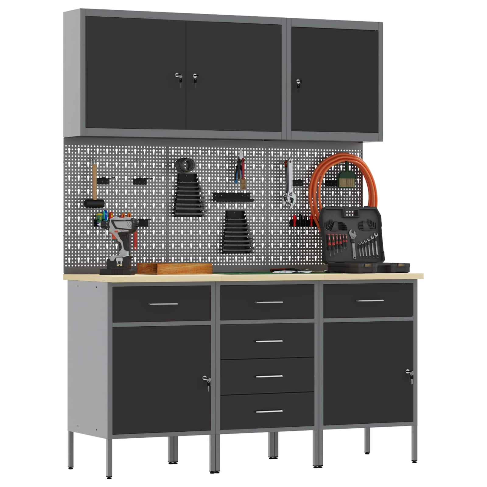 Werkbank 8 Stk. Schwarz und Grau Ingenieure Holz und Stahl