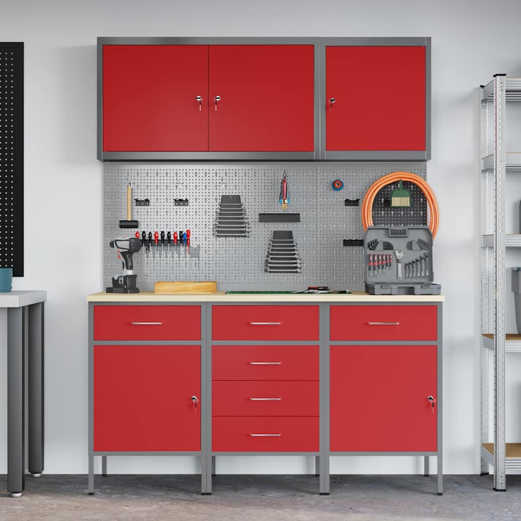 Werkbank 8 Stk. Rot und Grau Ingenieure Holz und Stahl