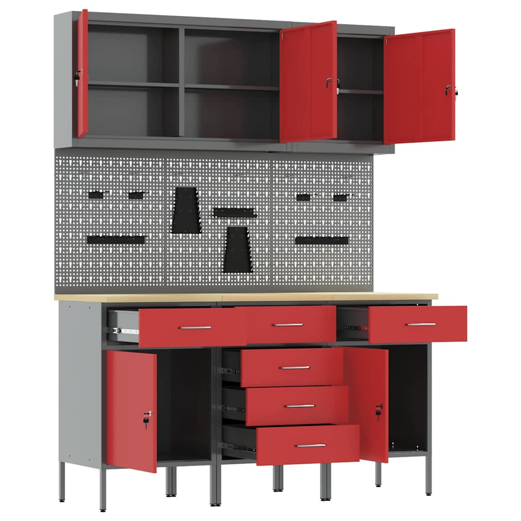 Werkbank 8 Stk. Rot und Grau Ingenieure Holz und Stahl