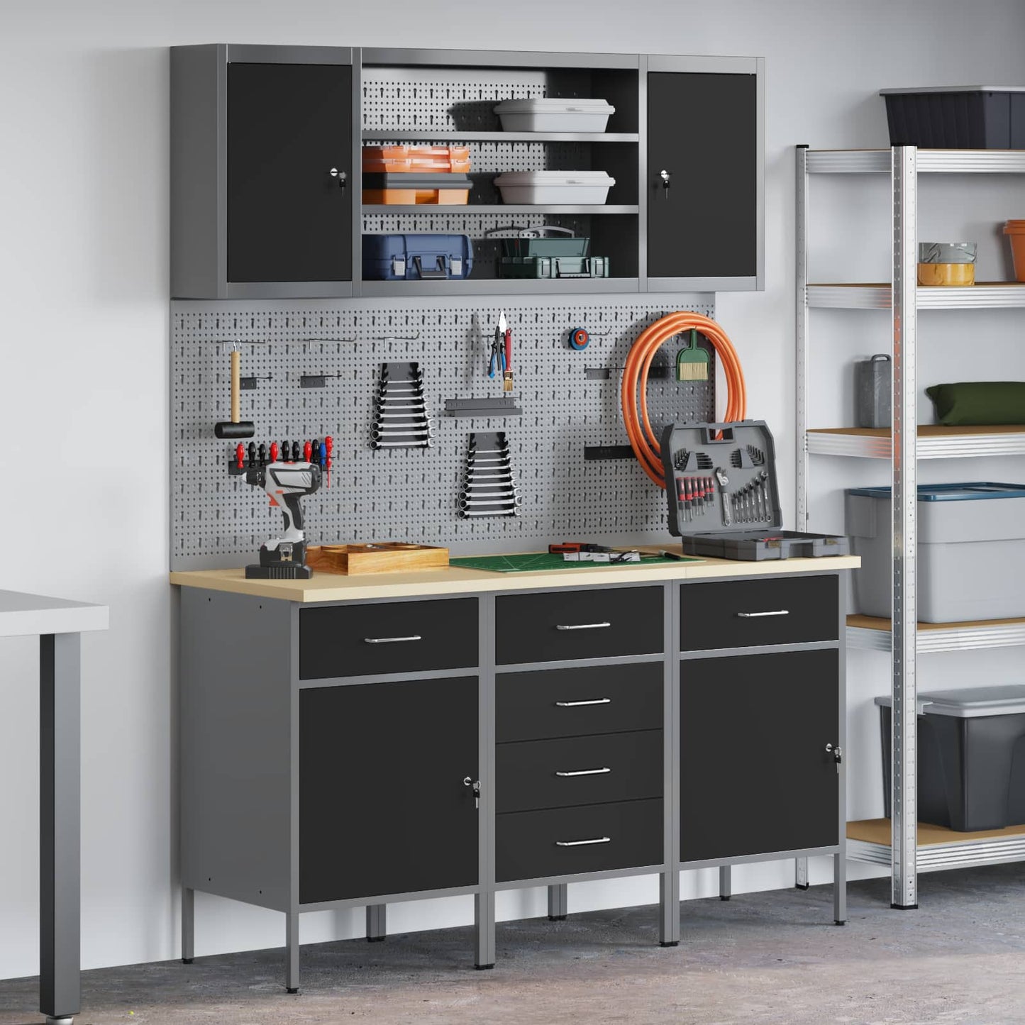 Werkbank 7 Stk. Schwarz und Grau Ingenieure Holz und Stahl