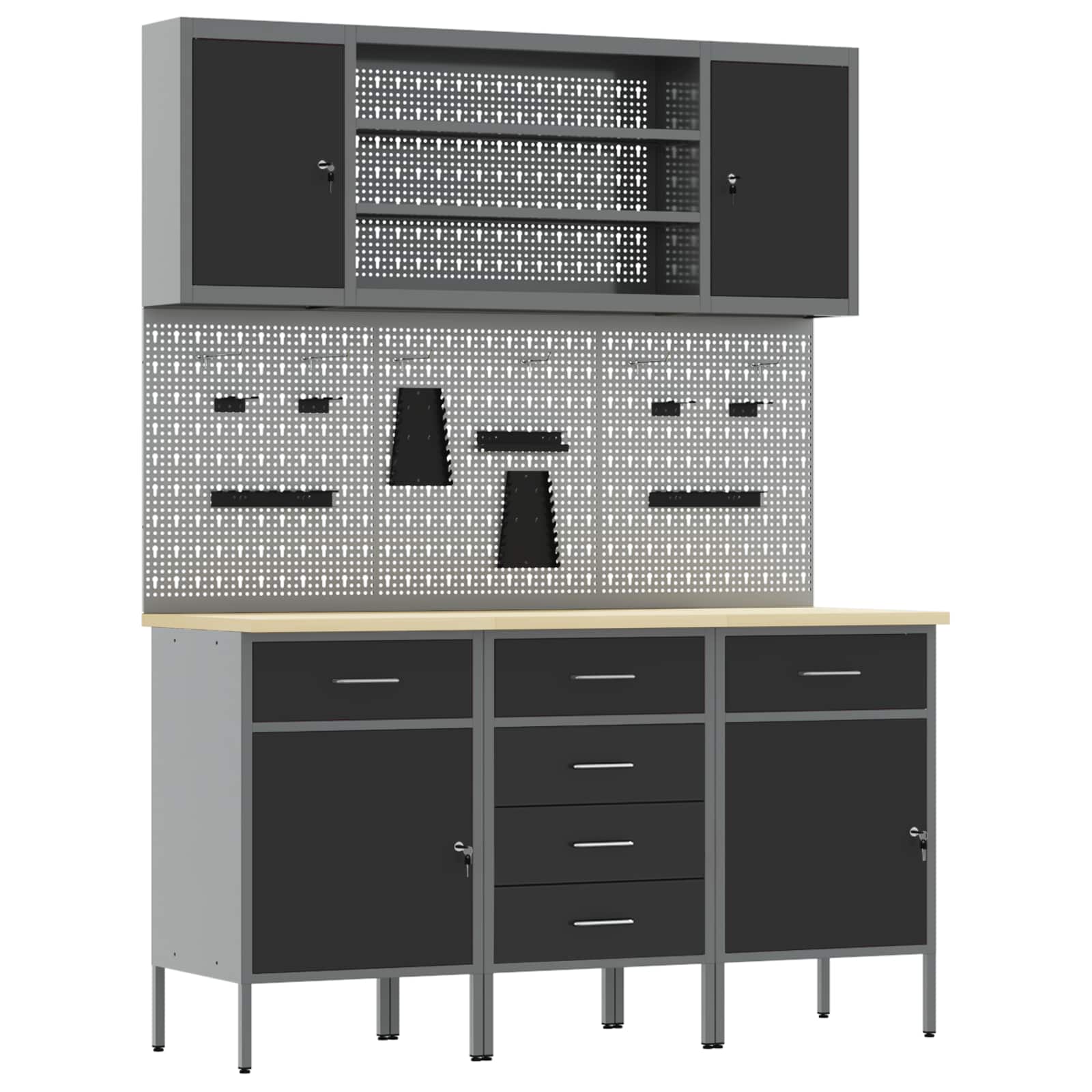 Werkbank 7 Stk. Schwarz und Grau Ingenieure Holz und Stahl