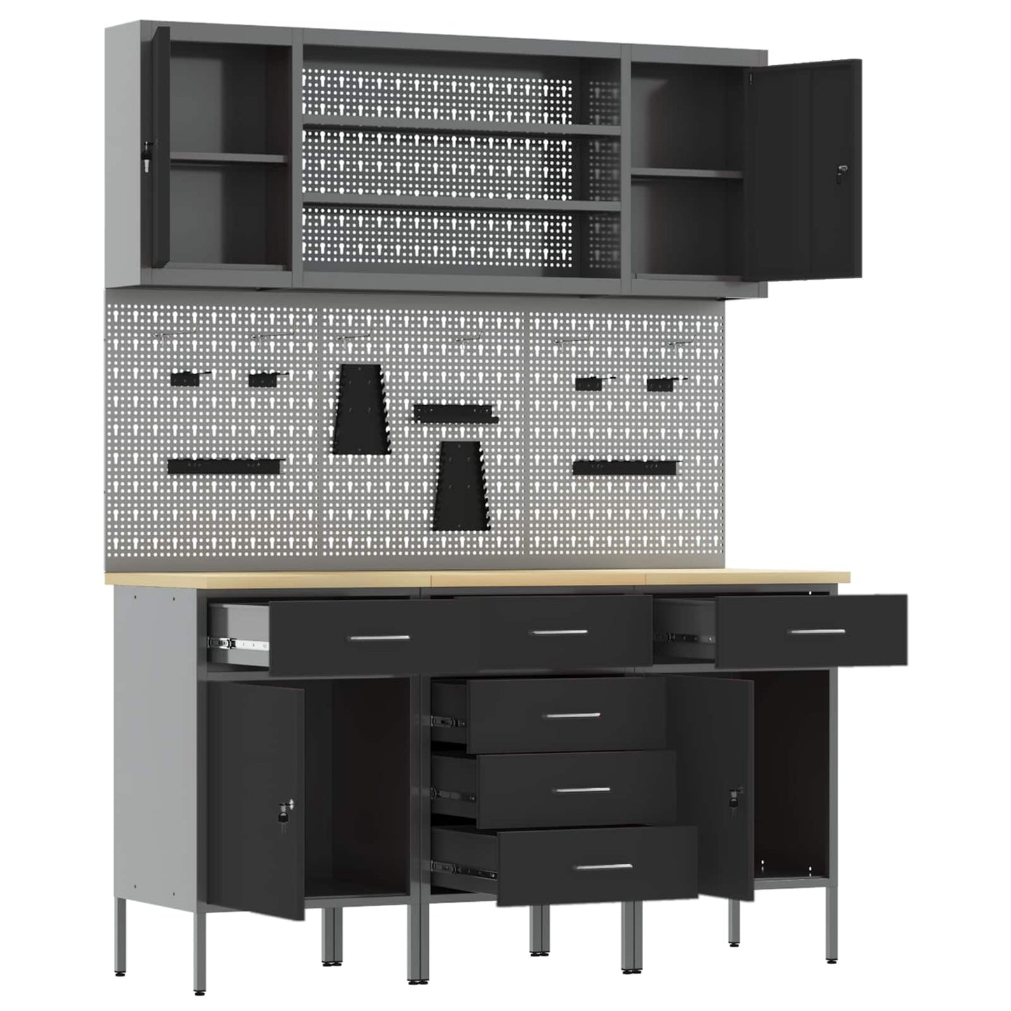 Werkbank 7 Stk. Schwarz und Grau Ingenieure Holz und Stahl
