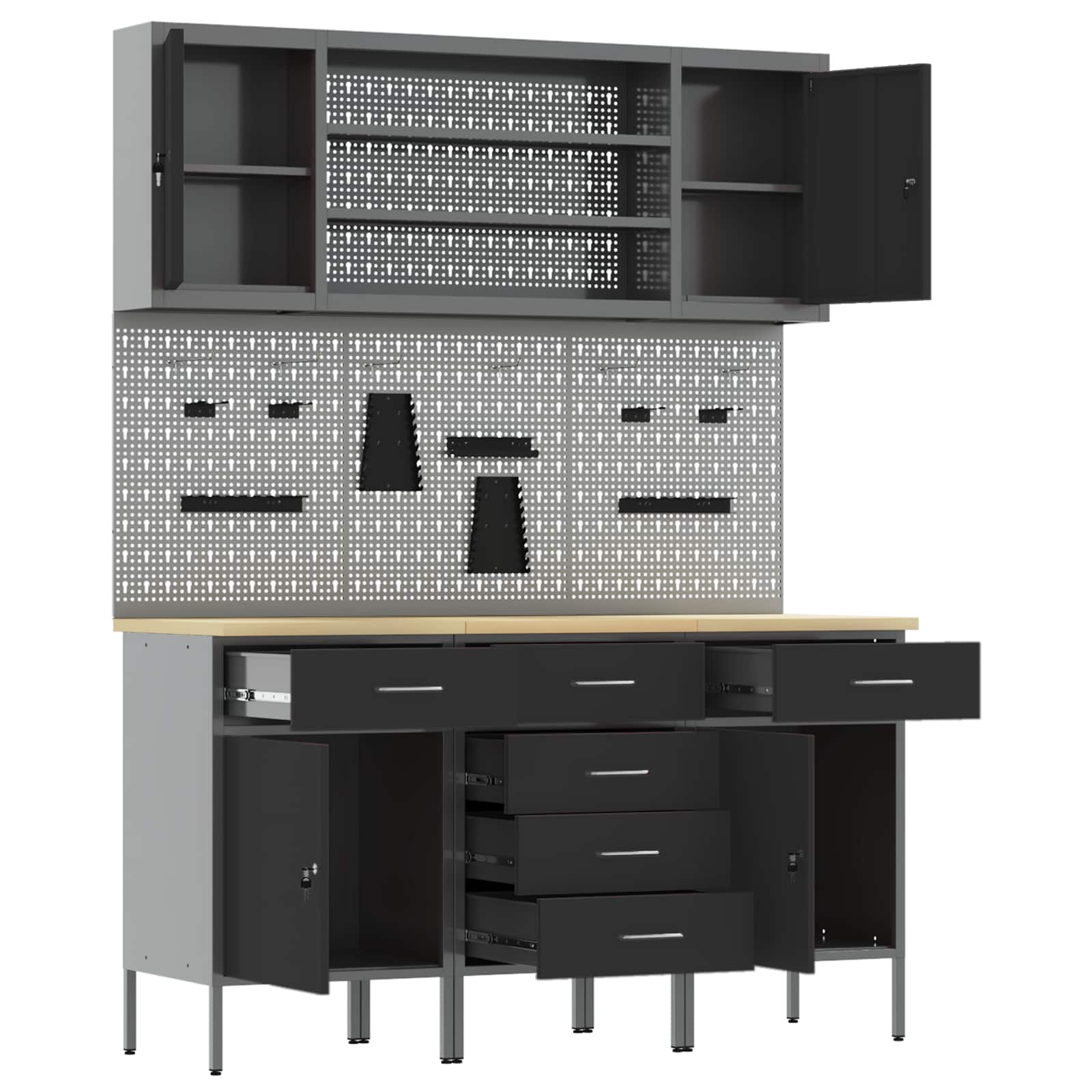 Werkbank 7 Stk. Schwarz und Grau Ingenieure Holz und Stahl