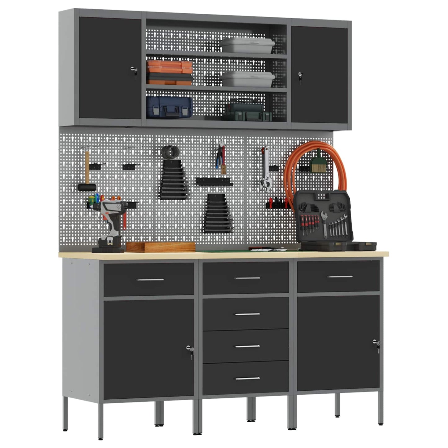 Werkbank 7 Stk. Schwarz und Grau Ingenieure Holz und Stahl