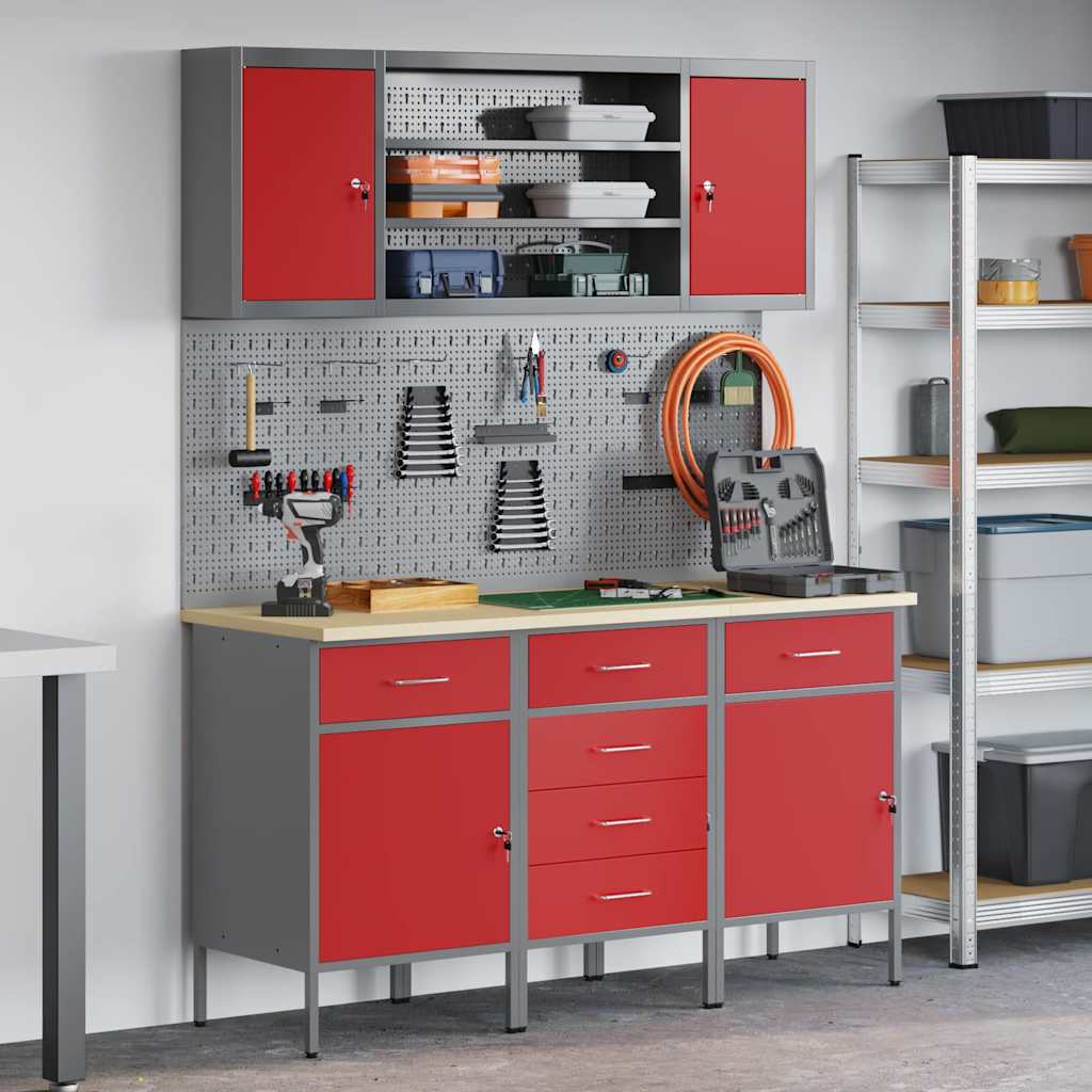 Werkbank mit Schubladen 7 stk. Rot Ingenieure Holz und Stahl