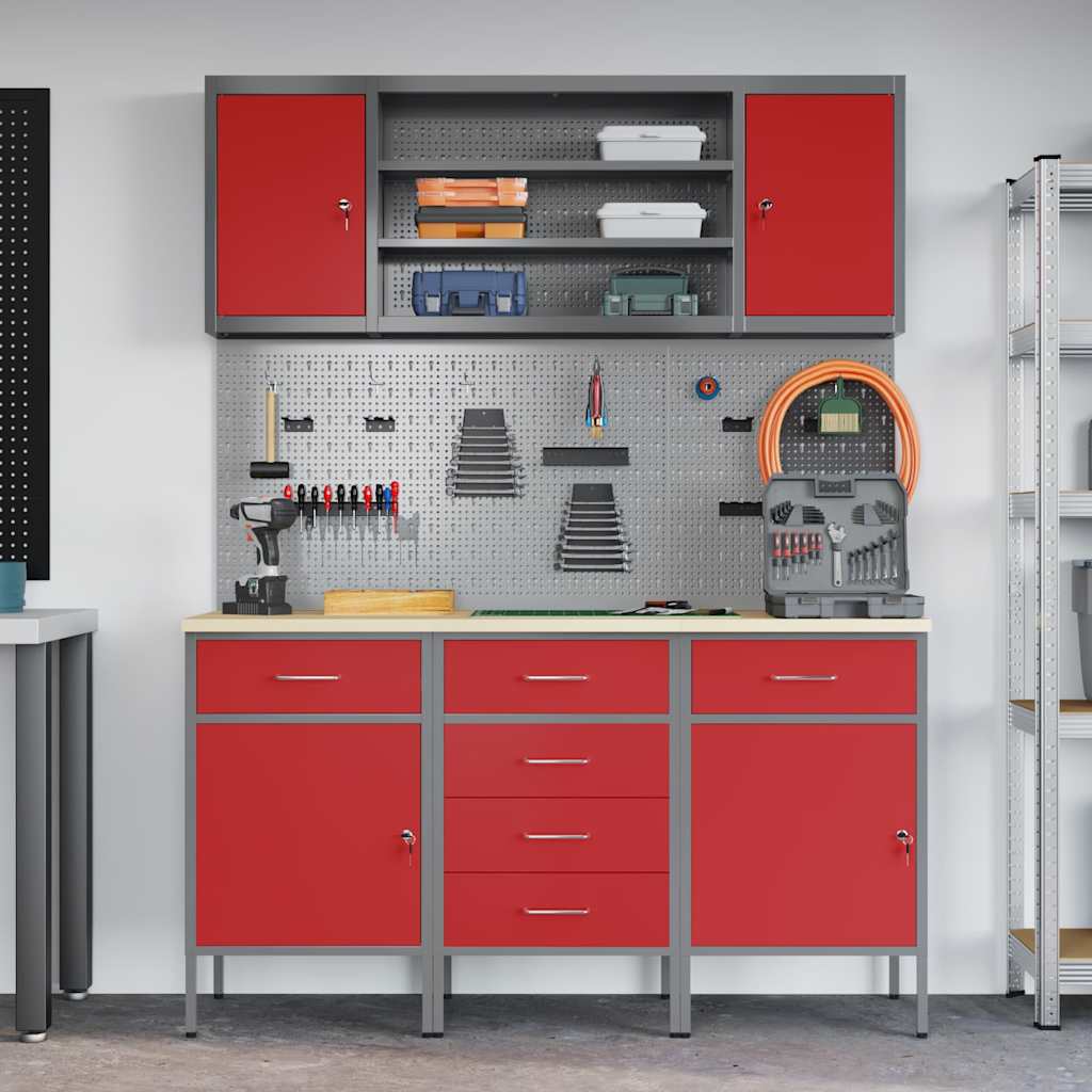 Werkbank mit Schubladen 7 stk. Rot Ingenieure Holz und Stahl