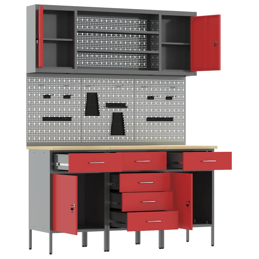 Werkbank mit Schubladen 7 stk. Rot Ingenieure Holz und Stahl