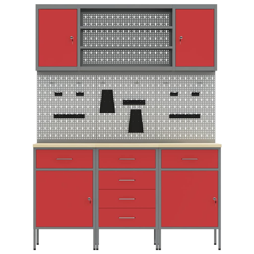 Werkbank mit Schubladen 7 stk. Rot Ingenieure Holz und Stahl
